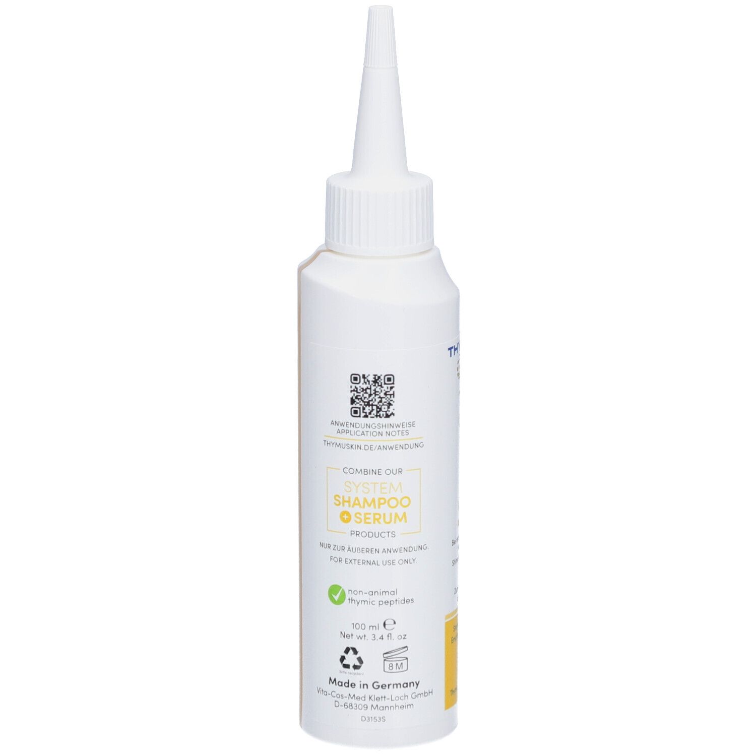 Flacon blanc à embout pointu. Inscription : Serum Gel Sensitive. Contient des informations et un code QR.