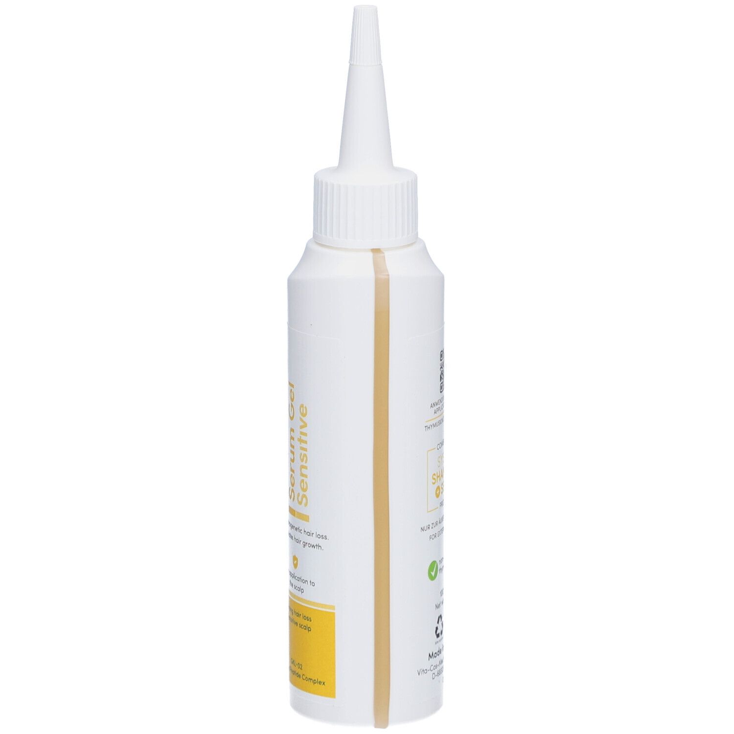 Flacon blanc à embout pointu. Inscription : Serum Gel Sensitive. Bande jaune. Vue latérale.