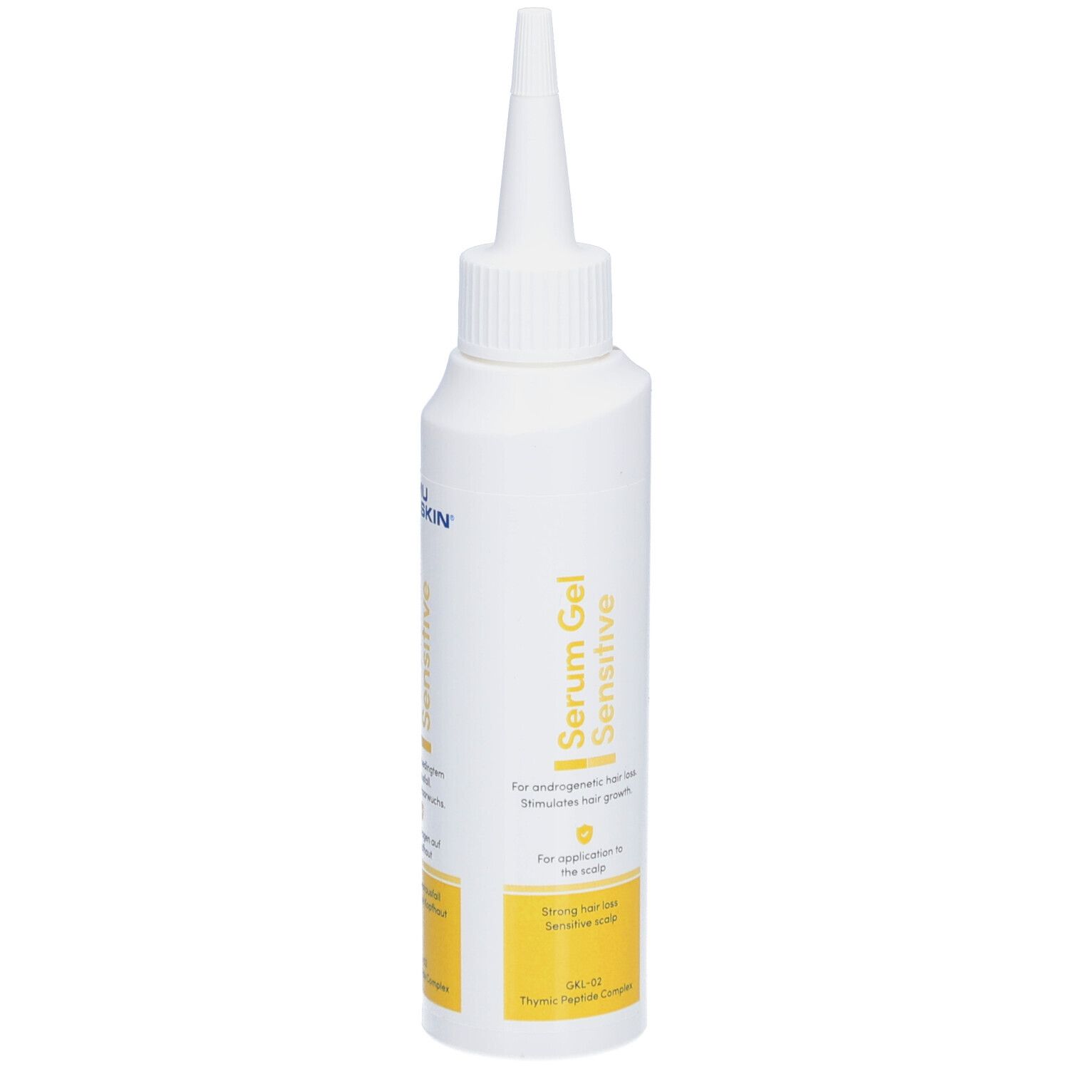 Flacon blanc à embout pointu. Inscription : Serum Gel Sensitive. Zone jaune avec texte.