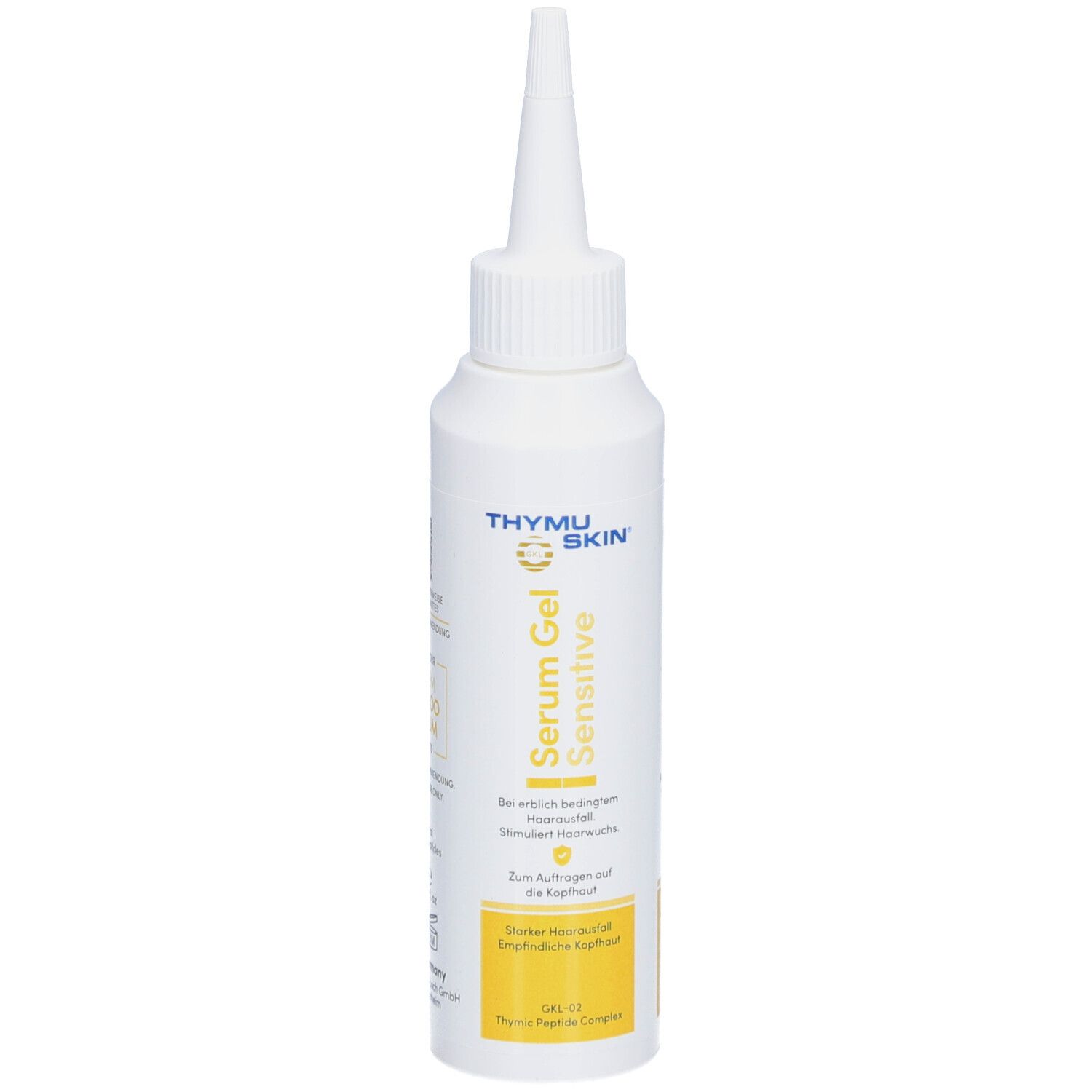 Flacon blanc à embout pointu. Inscription : Serum Gel Sensitive. Zone jaune avec texte.