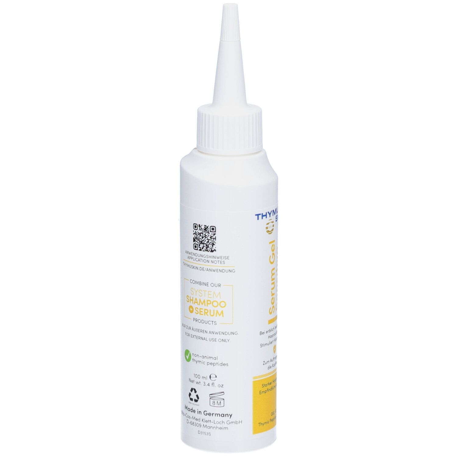 Flacon blanc à embout pointu. Inscription : Serum Gel Sensitive. Contient des informations et un code QR.