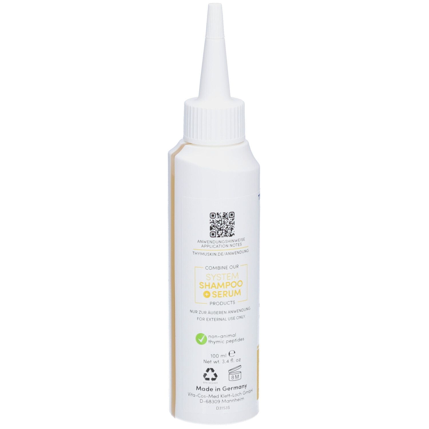 Flacon blanc à embout pointu. Inscription : Serum Gel Sensitive. Contient des informations et un code QR.