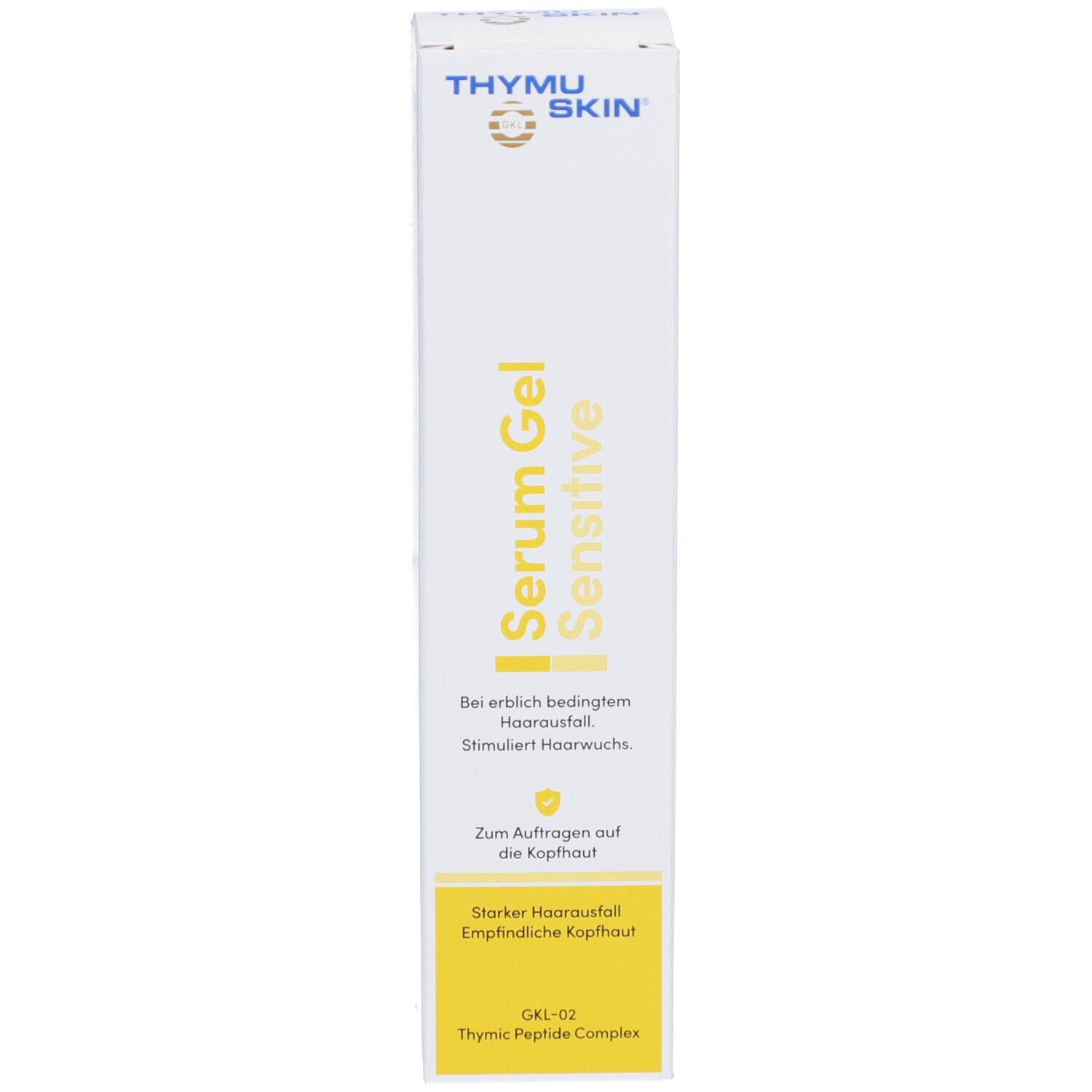 Emballage du produit. Inscription : Serum Gel Sensitive. Zone jaune avec texte.