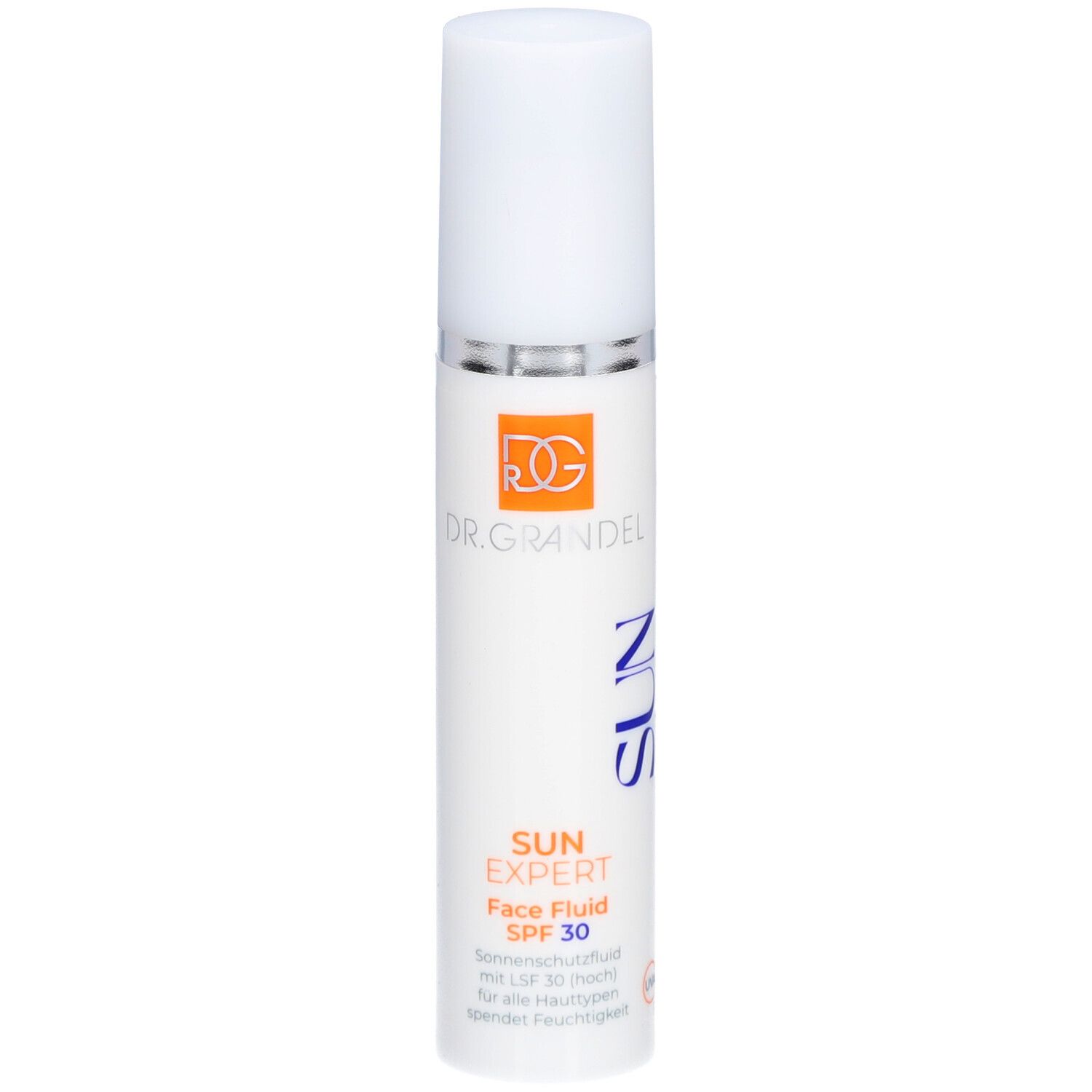 Weißes Fläschchen mit weißem Deckel. Aufschrift: DR. GRANDEL, SUN EXPERT Face Fluid SPF 30. Orangefarbenes Logo.