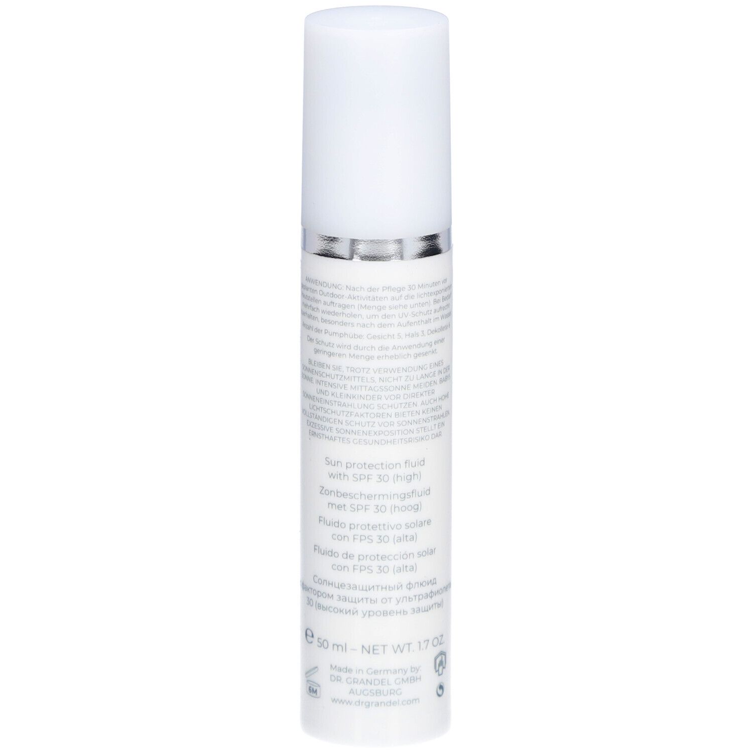 Weißes Fläschchen mit weißem Deckel. Rückseite mit Text. Aufschrift: Sun protection fluid with SPF 30. Silberner Ring.