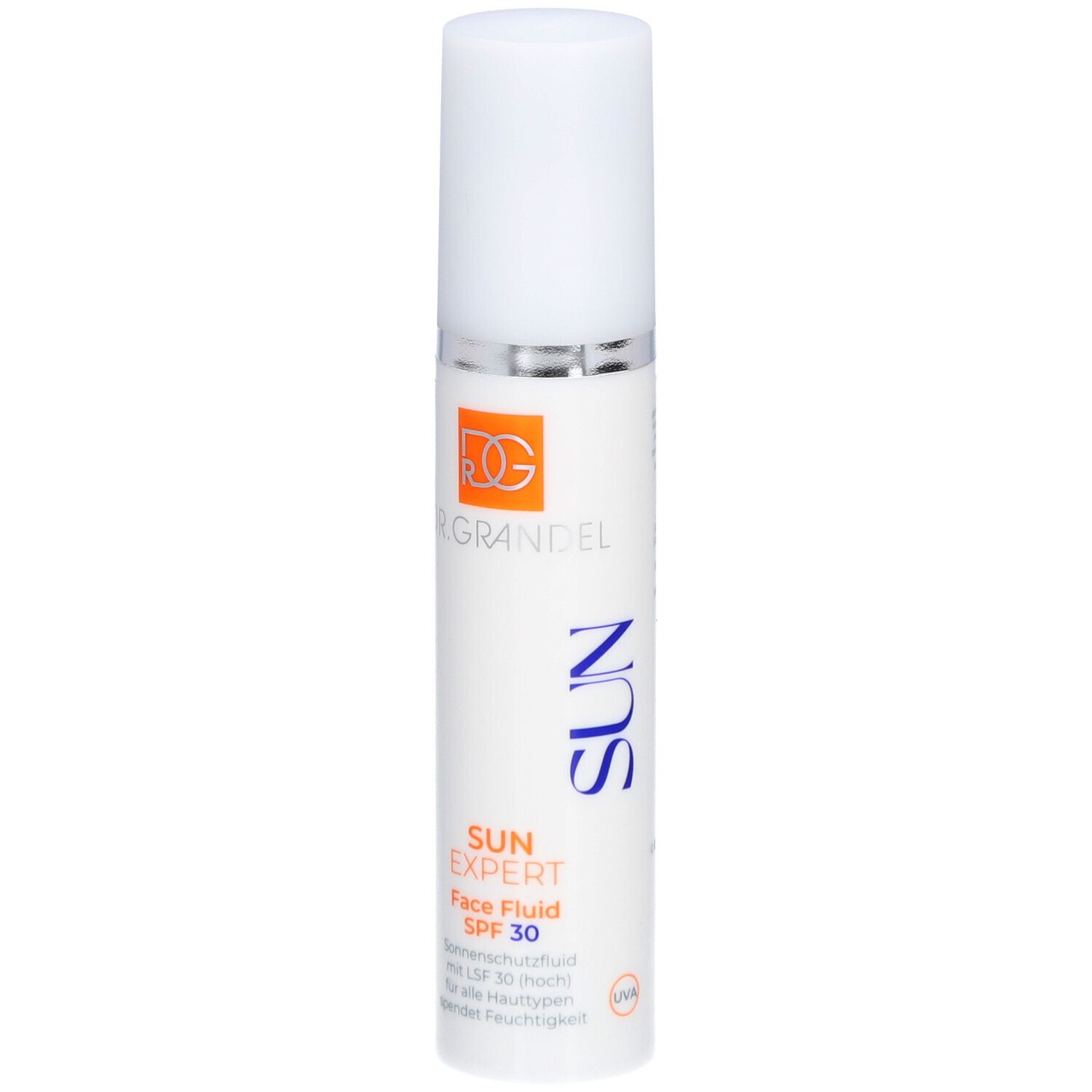 Weißes Fläschchen mit weißem Deckel. Aufschrift: DR. GRANDEL, SUN EXPERT Face Fluid SPF 30. Orangefarbenes Logo.