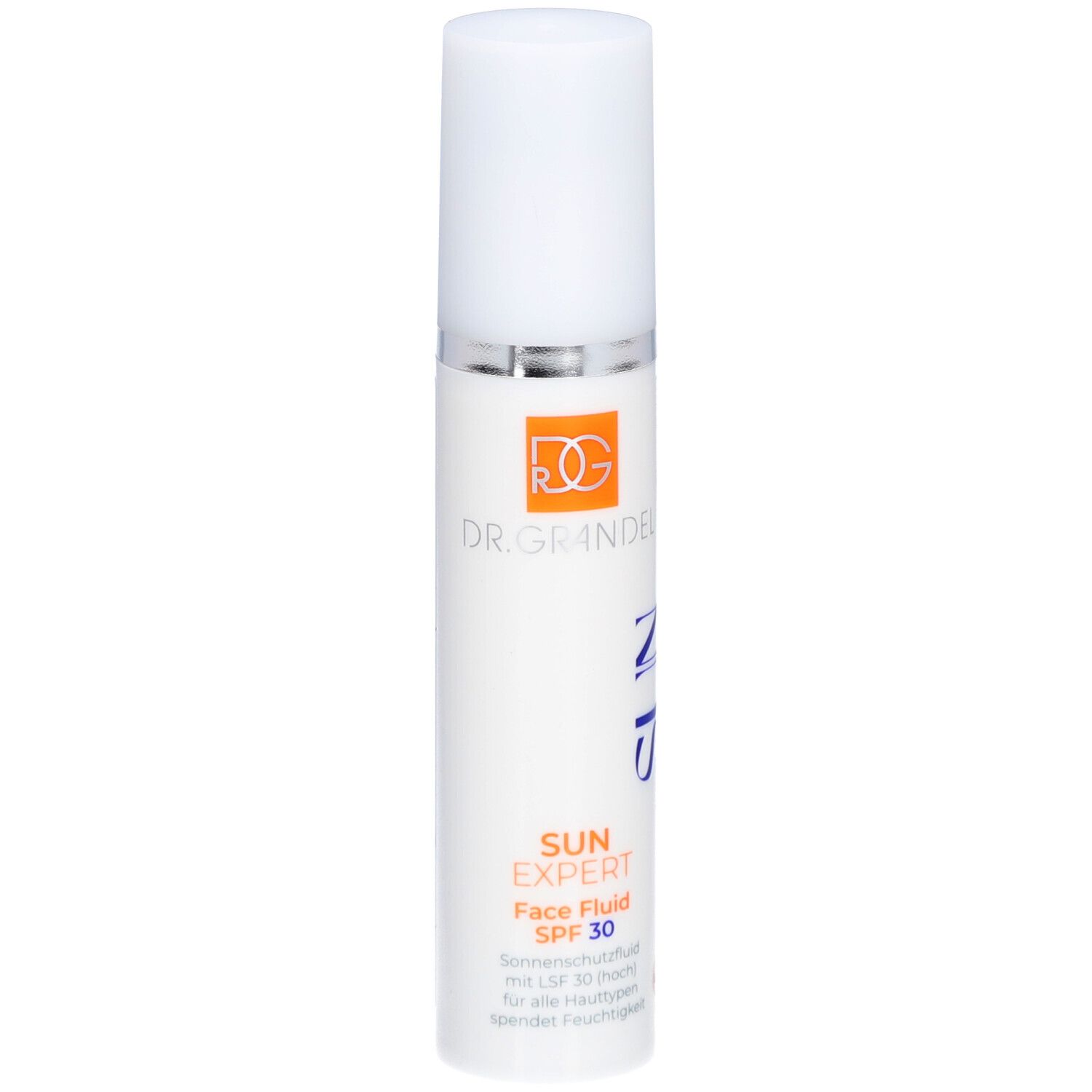 Weißes Fläschchen mit weißem Deckel. Aufschrift: DR. GRANDEL, SUN EXPERT Face Fluid SPF 30. Orangefarbenes Logo.