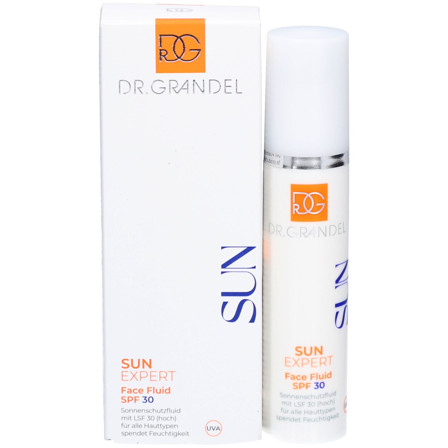 Weißes Fläschchen und Verpackung. Aufschrift: DR. GRANDEL, SUN EXPERT Face Fluid SPF 30. Orangefarbenes Logo.