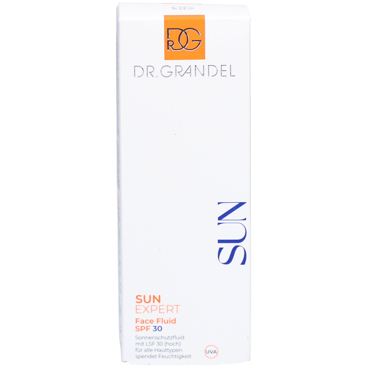 Weiße Verpackung. Aufschrift: DR. GRANDEL, SUN EXPERT Face Fluid SPF 30. Orangefarbenes Logo. Blauer Schriftzug SUN.