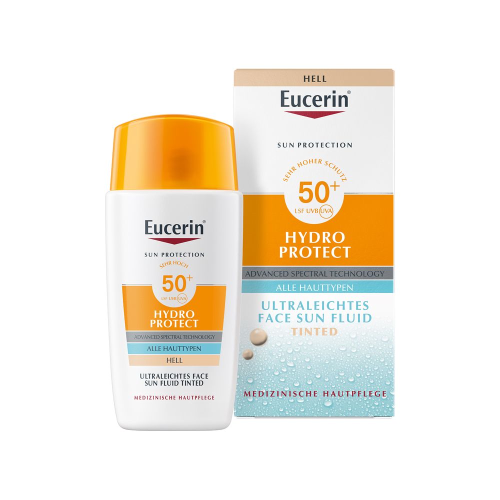 Eucerin Hydro Protect Face Fluid Tinted 50+ Hell. Weiße Flasche mit orangefarbenem Deckel. Karton mit Produktinformationen.