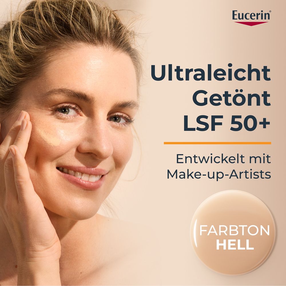Frau trägt getöntes Fluid auf. Text: Ultraleicht Getönt LSF 50+. Entwickelt mit Make-up-Artists. Farbton Hell.