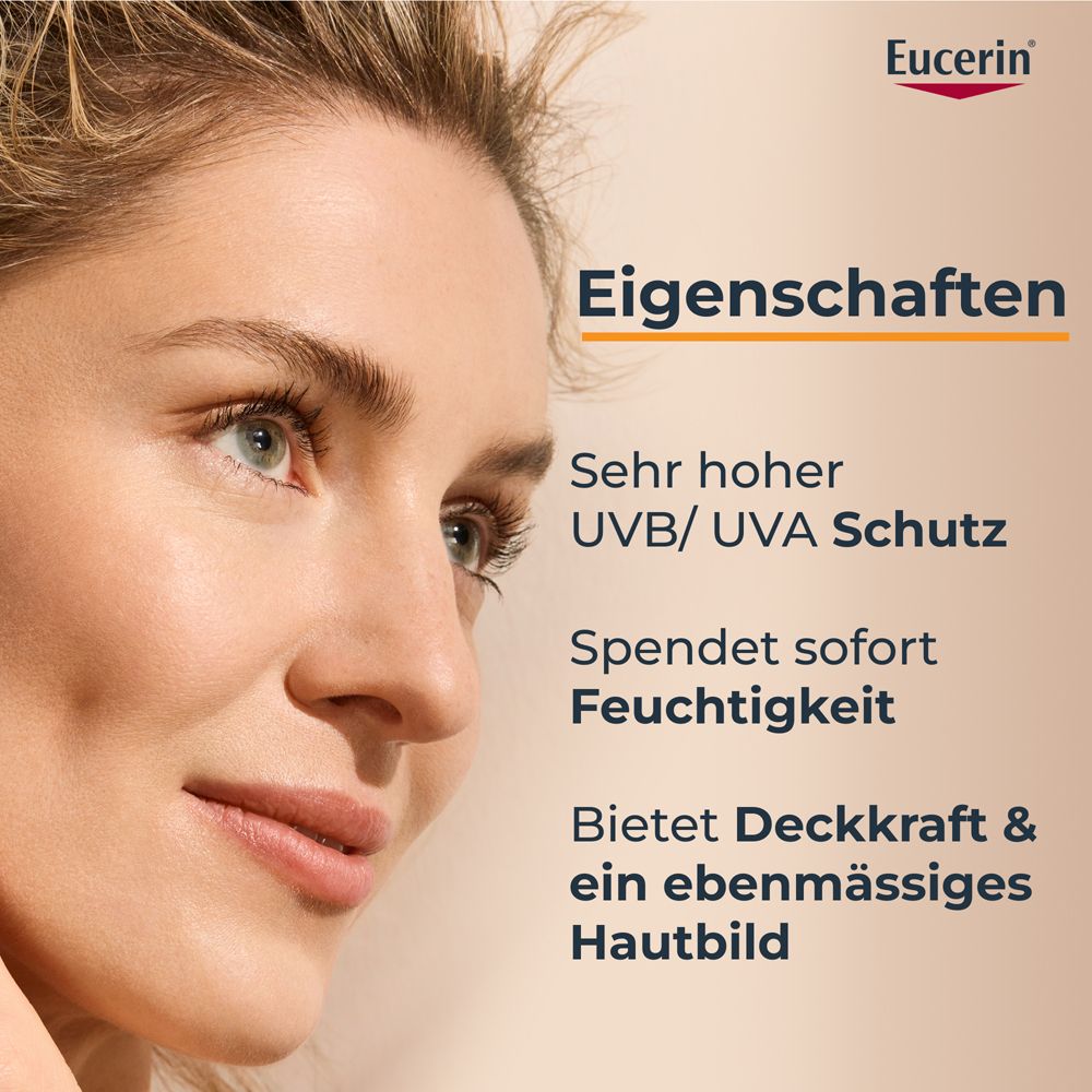 Nahaufnahme eines Gesichts. Text: Eigenschaften: Sehr hoher UVB/UVA Schutz. Spendet Feuchtigkeit. Deckkraft.