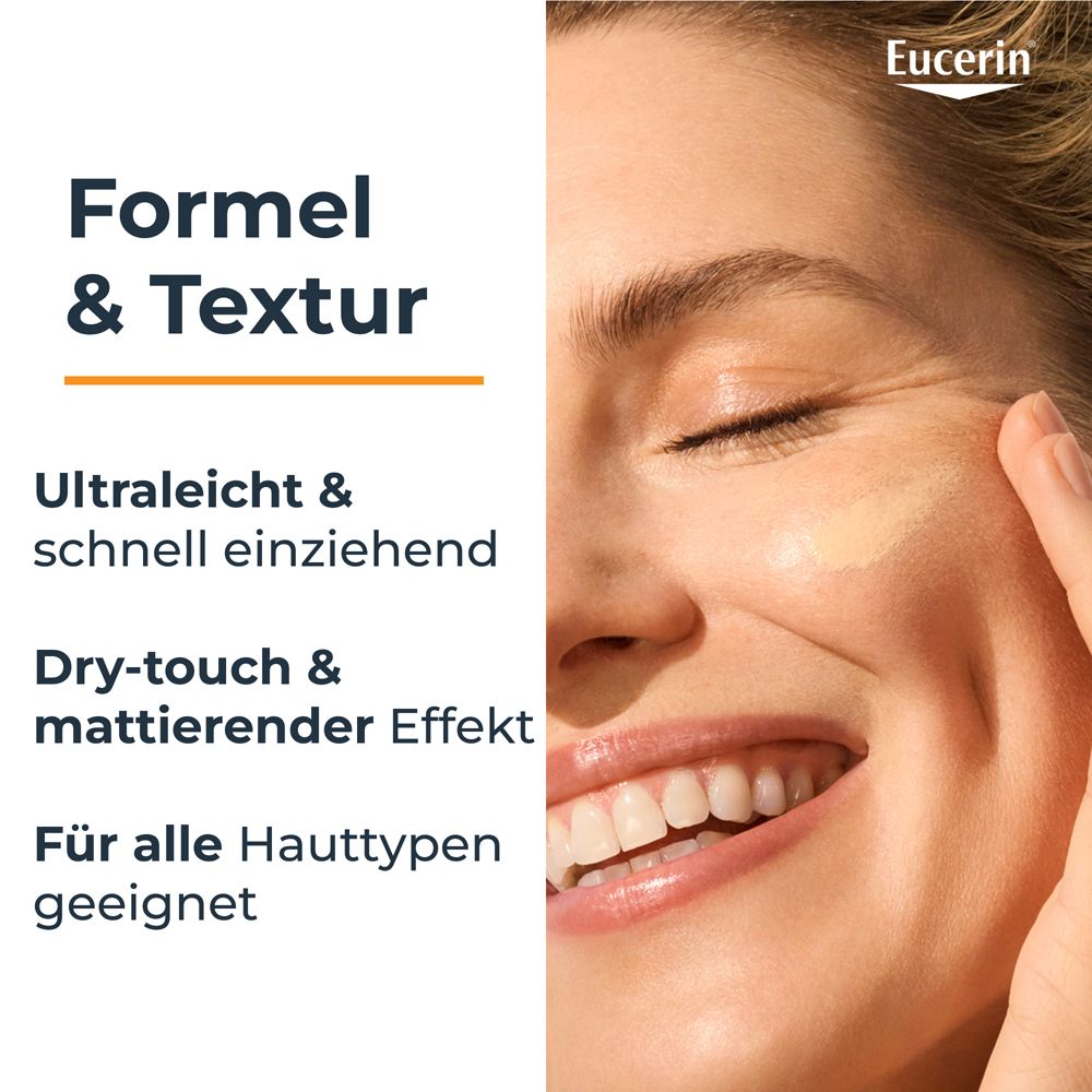 Nahaufnahme eines Gesichts. Text: Formel & Textur: Ultraleicht, schnell einziehend, Dry-touch, mattierend.
