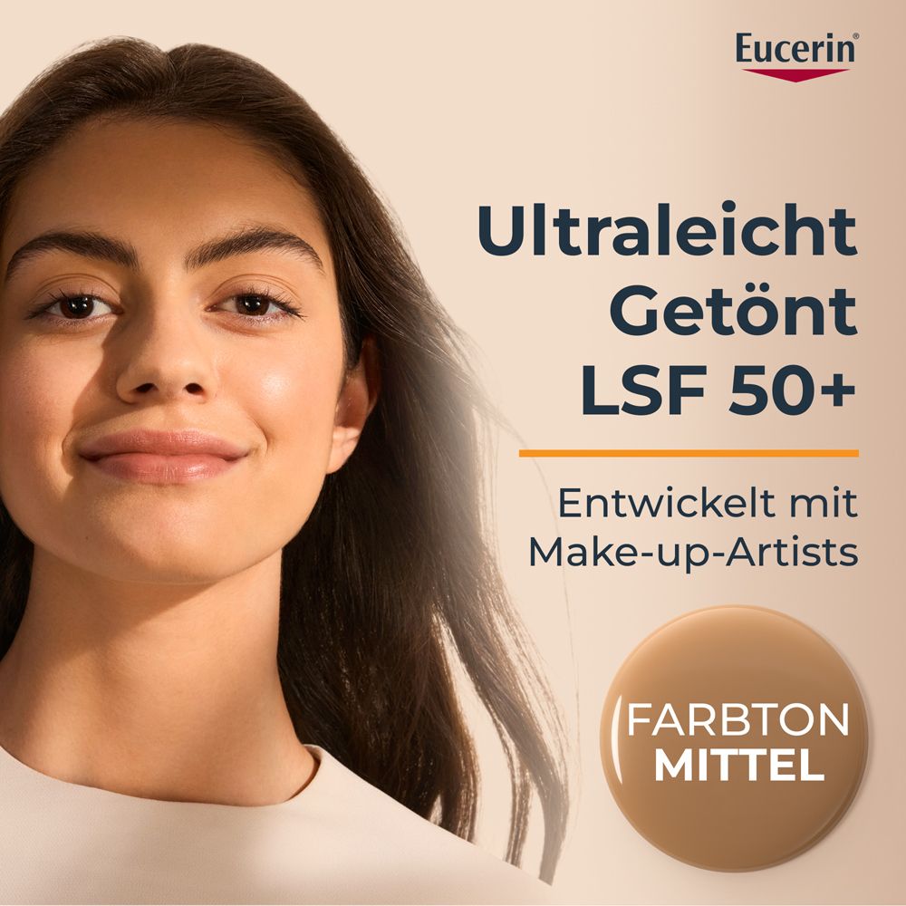Frau mit getöntem Fluid. Text: Ultraleicht Getönt LSF 50+. Farbton Mittel. Entwickelt mit Make-up-Artists.