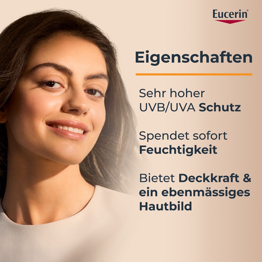 Frau mit getöntem Fluid. Text: Eigenschaften: Sehr hoher UVB/UVA Schutz. Spendet Feuchtigkeit. Deckkraft.
