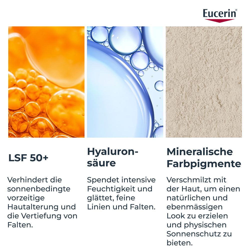 Nahaufnahmen von Inhaltsstoffen: LSF 50+, Hyaluronsäure, mineralische Farbpigmente. Text.