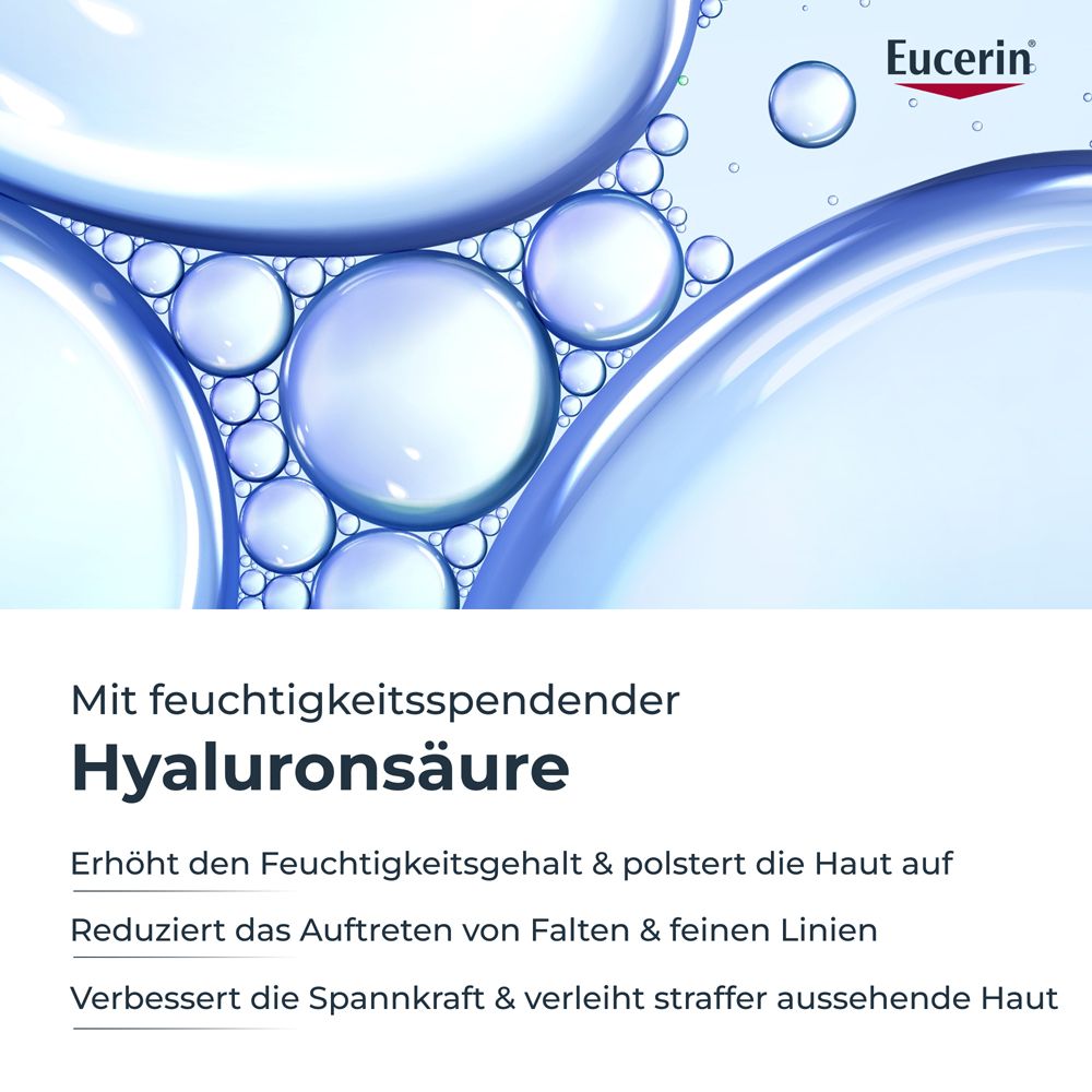 Nahaufnahme von Wasserblasen. Text: Hyaluronsäure. Erhöht Feuchtigkeit, polstert auf, reduziert Falten.