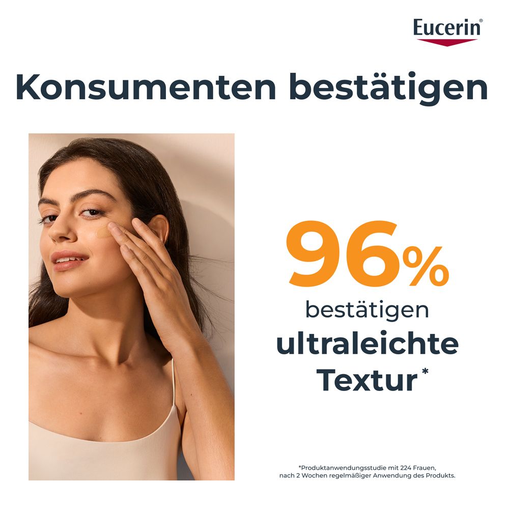 Frau trägt getöntes Fluid auf. Text: Konsumenten bestätigen 96% ultraleichte Textur.