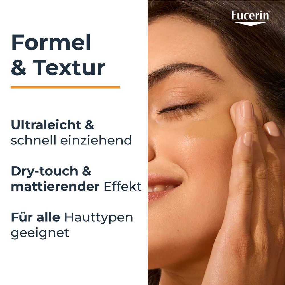 Frau trägt getöntes Fluid auf. Text: Formel & Textur: Ultraleicht, schnell einziehend, Dry-touch, mattierend.