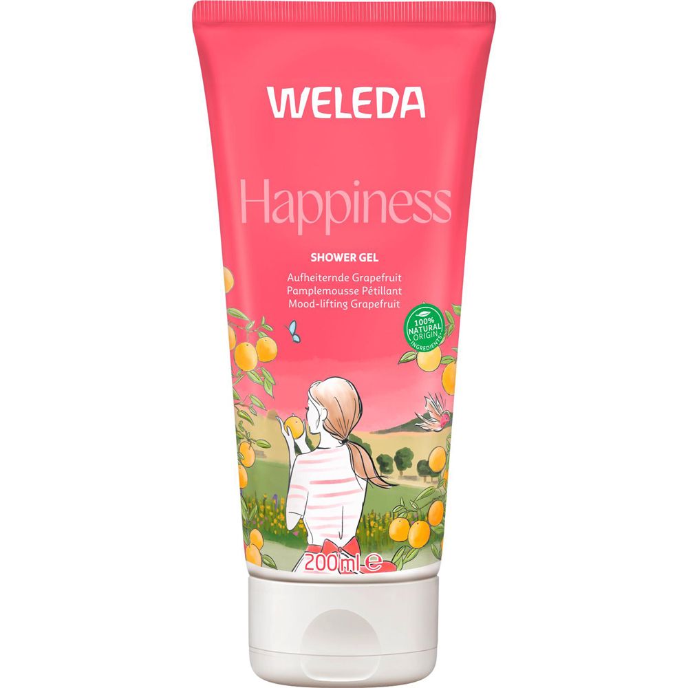 Rosa Tube mit "WELEDA Happiness Shower Gel". Illustration einer Frau unter Grapefruitbäumen. 100% natürliche Inhaltsstoffe.