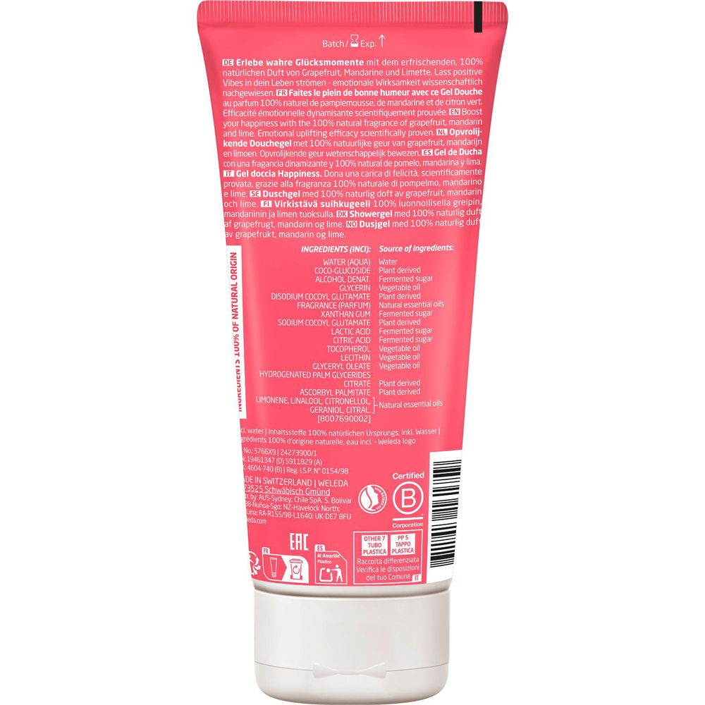 Rückseite der Tube. Text in mehreren Sprachen. Auflistung der Inhaltsstoffe. B Corp-Zertifizierung. Recycling-Symbole.