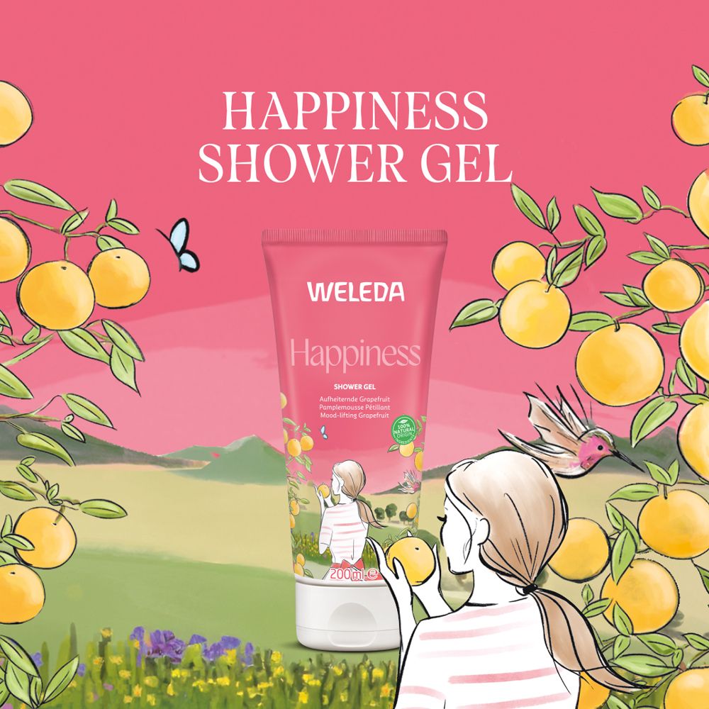 Illustration mit rosa Hintergrund. Tube "Happiness Shower Gel" und Frau mit Grapefruit. Orangenbäume und Vogel.