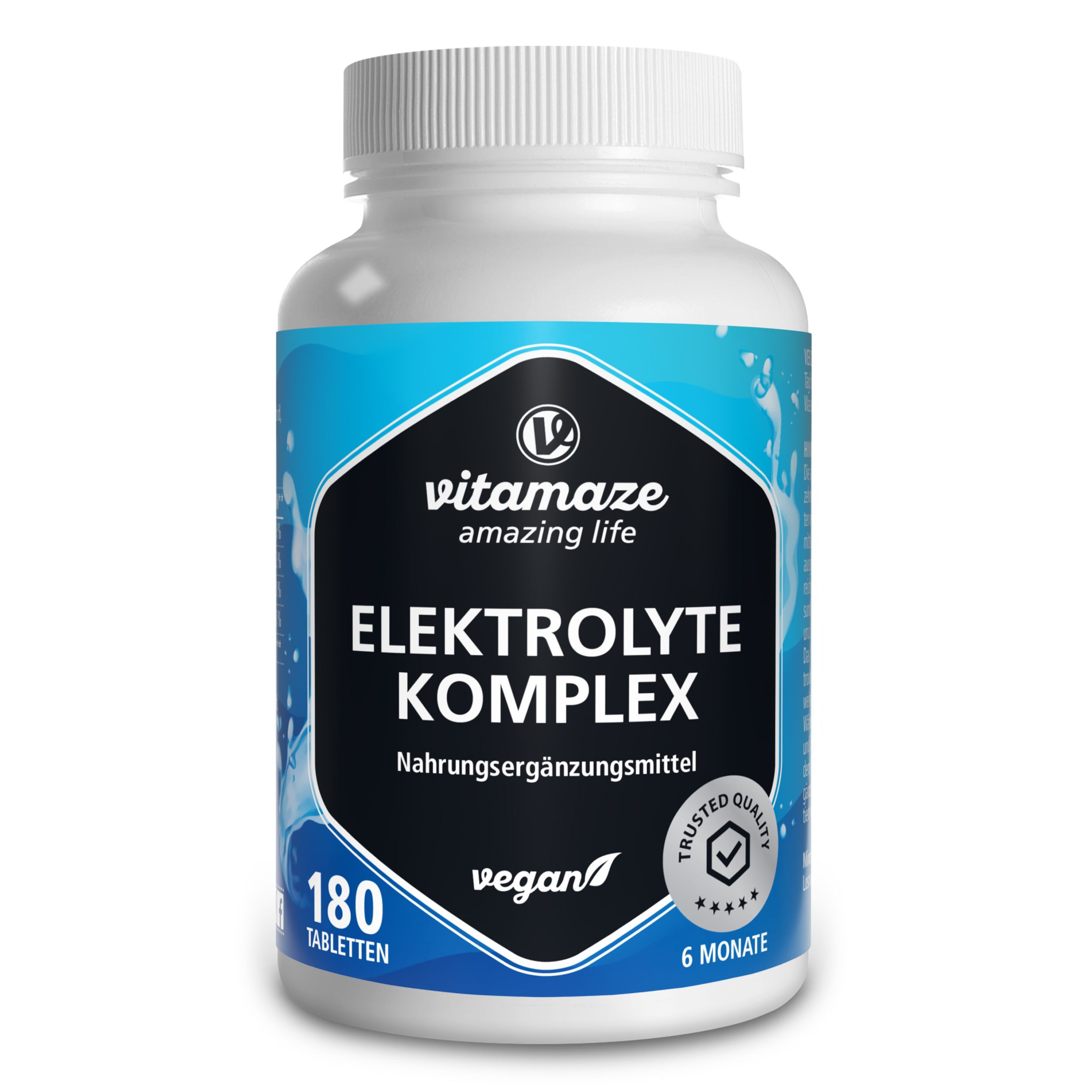 Flacon blanc de Vitamaze Elektrolyte Komplex. 180 comprimés, vegan, approvisionnement 6 mois.