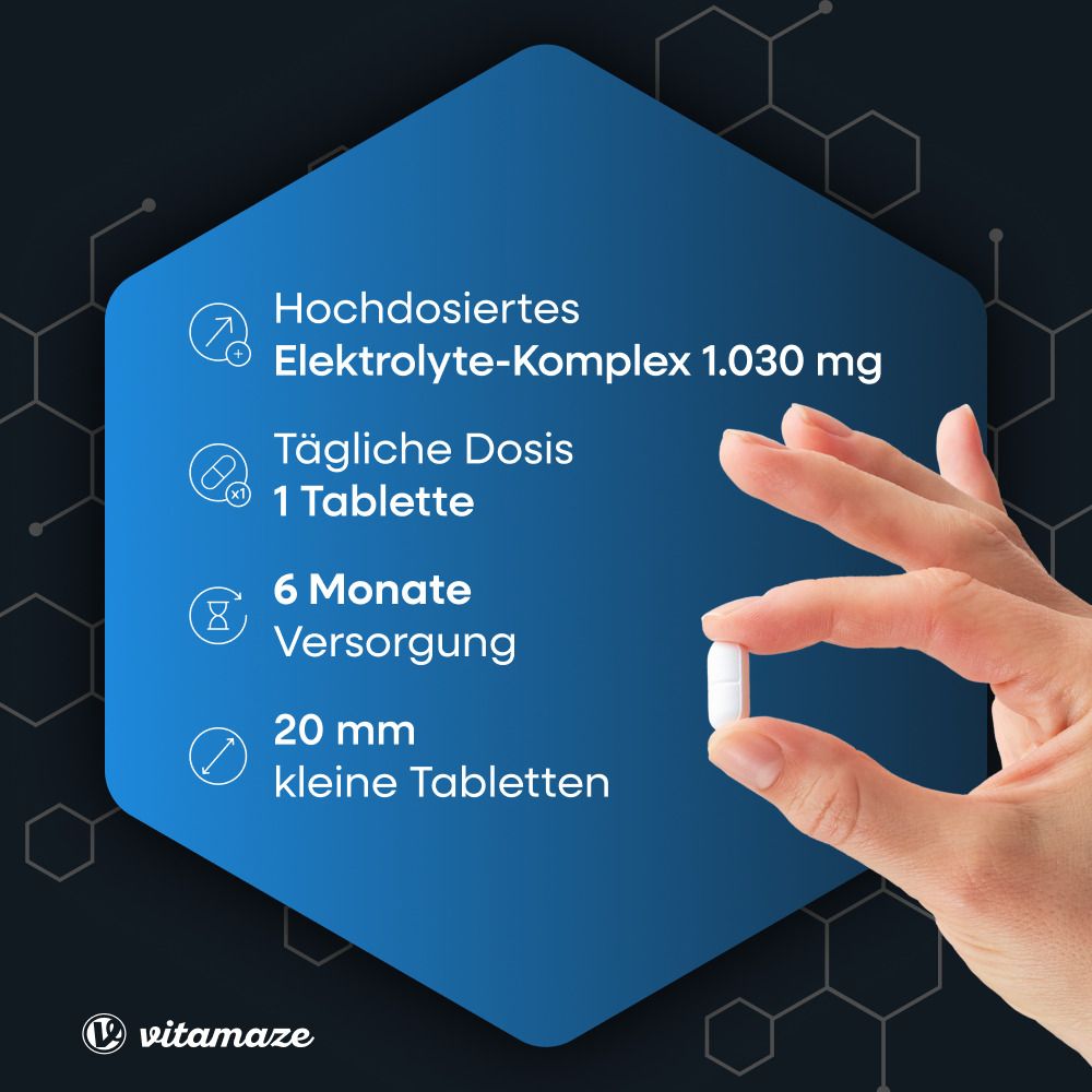 Infographie bleue sur les comprimés Elektrolyte Komplex. 1 comprimé/jour, 20 mm, approvisionnement 6 mois.