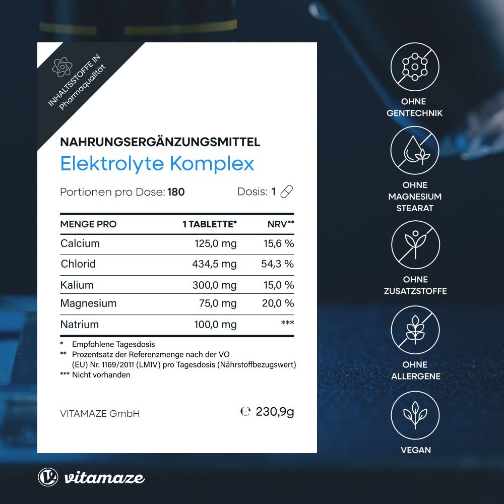 Complément alimentaire Elektrolyte Komplex. Ingrédients par comprimé : calcium, chlorure, potassium, magnésium, sodium.