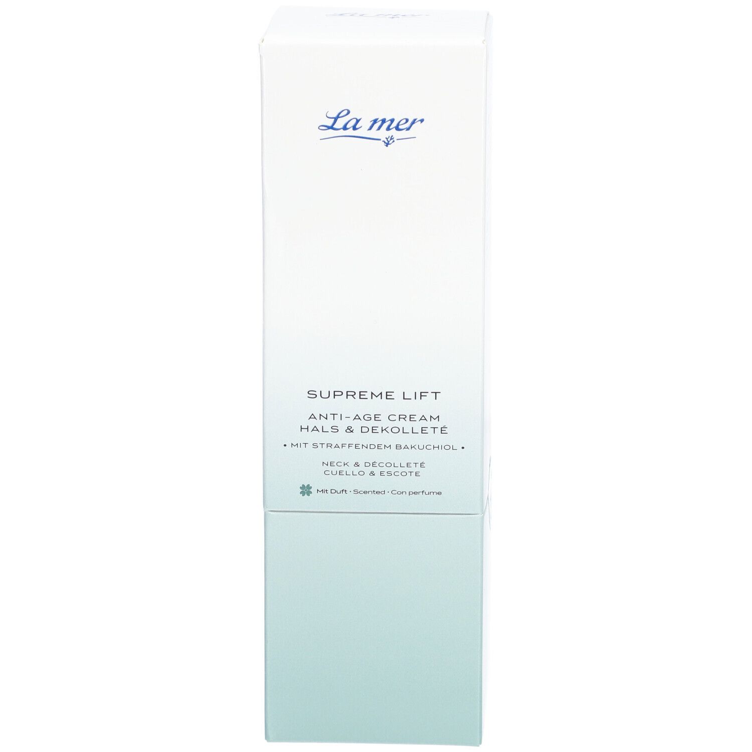 Emballage blanc La Mer Supreme Lift Anti-Age Cream Hals & Dekolleté. Logo et nom du produit. Dégradés de bleu et de vert.
