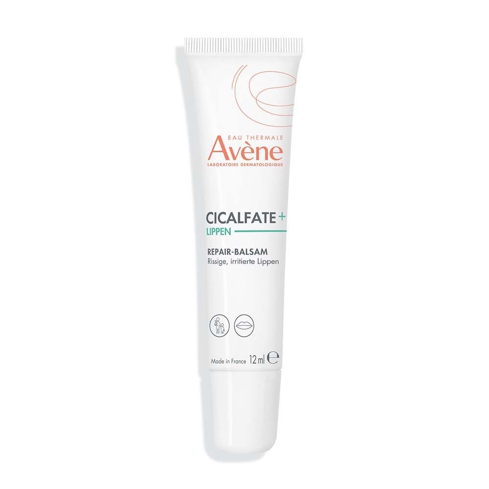 Weiße Tube mit Schraubverschluss. Aufschrift: Avène CICALFATE+ Lippen Repair-Balsam. 12ml.