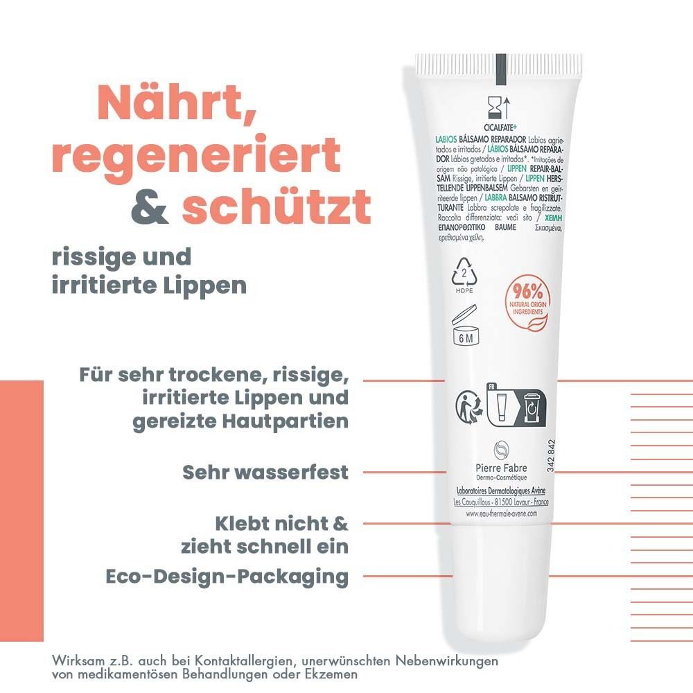 Rückseite der Tube. Aufschrift: Avène CICALFATE+ Lippen Repair-Balsam. Text und Icons. 12ml.