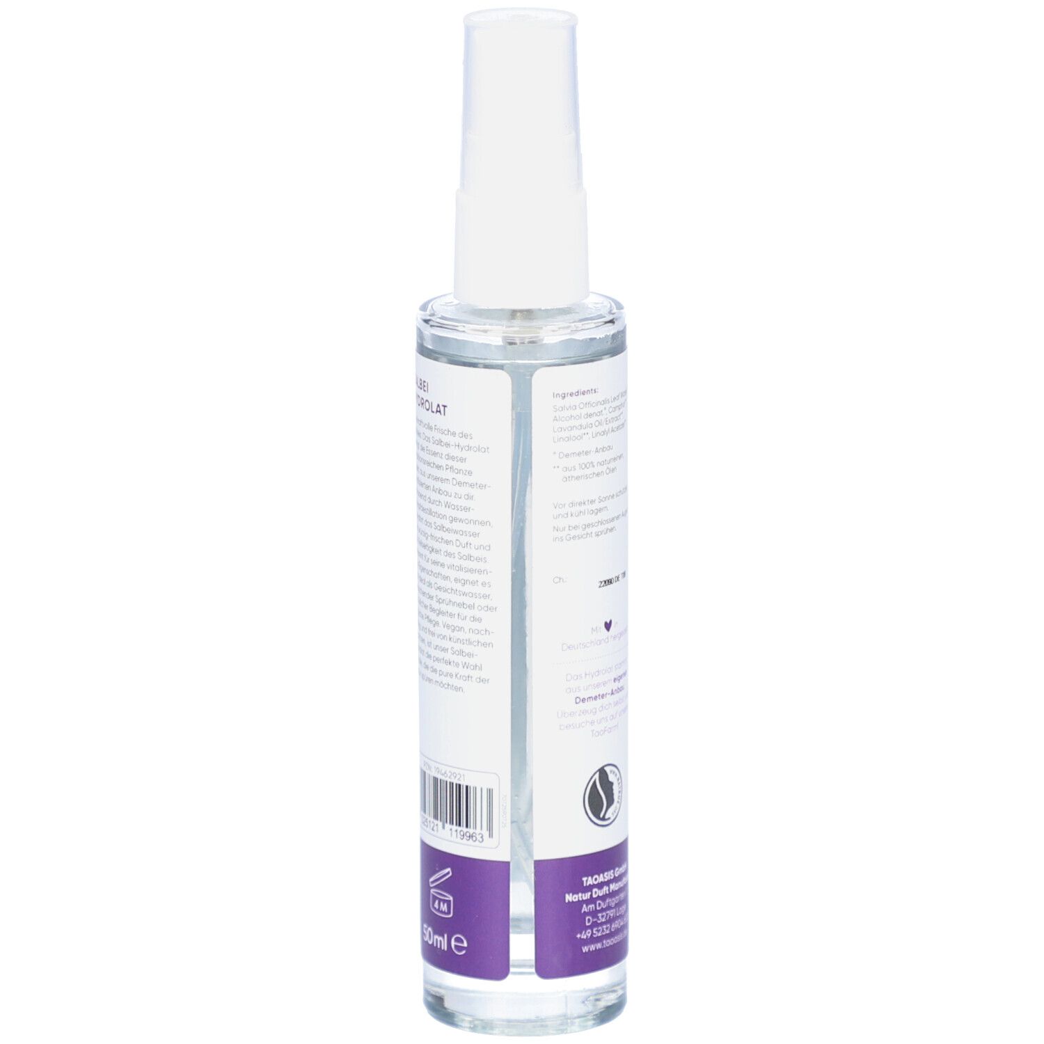 Rückansicht der Sprühflasche. Etikett mit Text, Herstellerinformationen, Chargennummer und Logo.