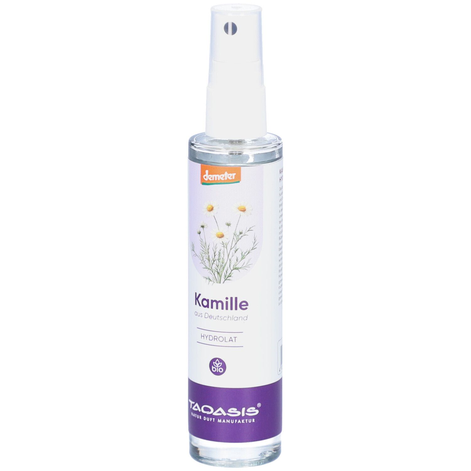 Glasflasche mit Sprühkopf. Aufschrift: Kamille aus Deutschland, Hydrolat. Logo: Demeter, Bio, TAOASIS.