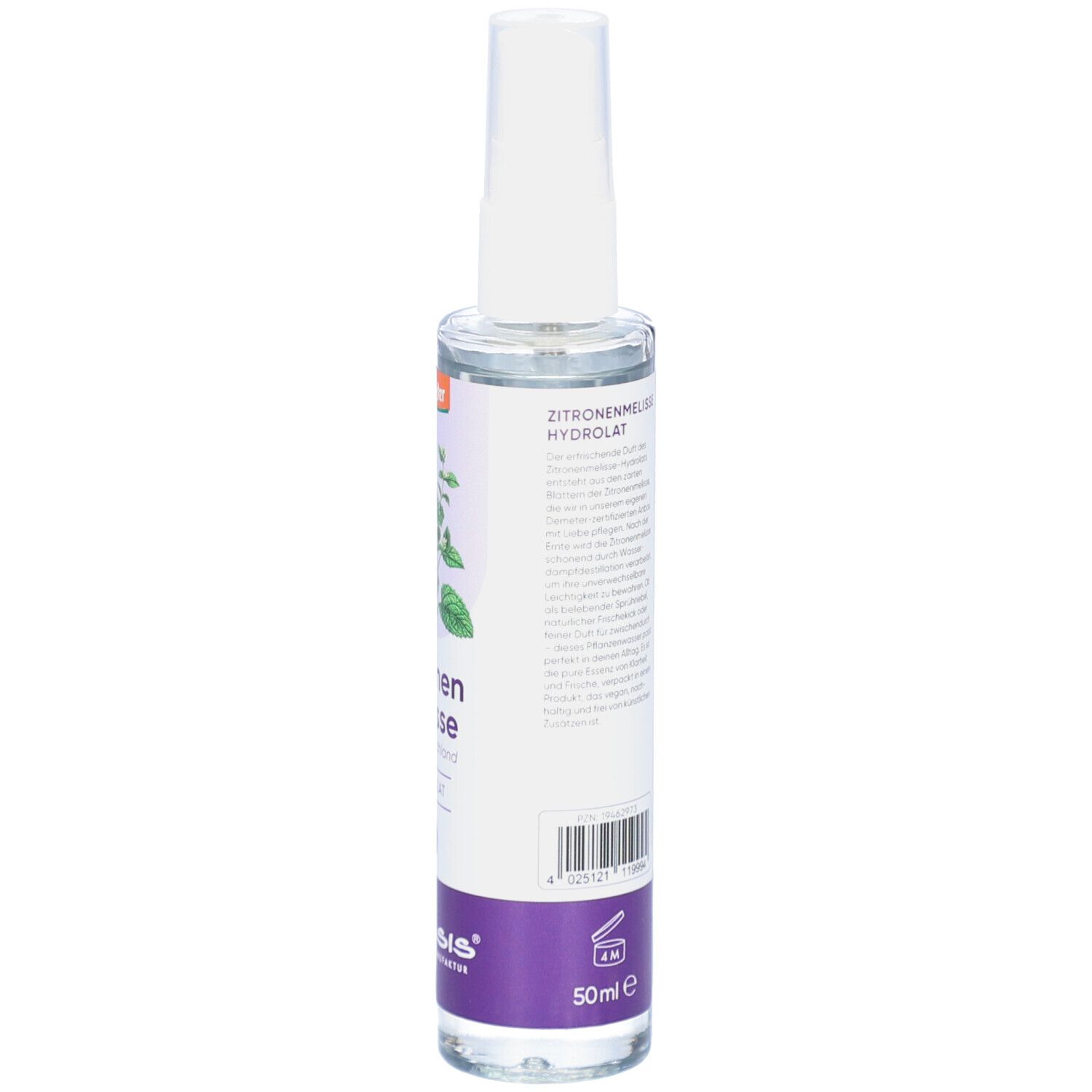 Rückansicht der Hydrolat-Flasche. Weißer Sprühkopf, transparente Flasche mit Etikett. Textinformationen, Logo und Markenname.