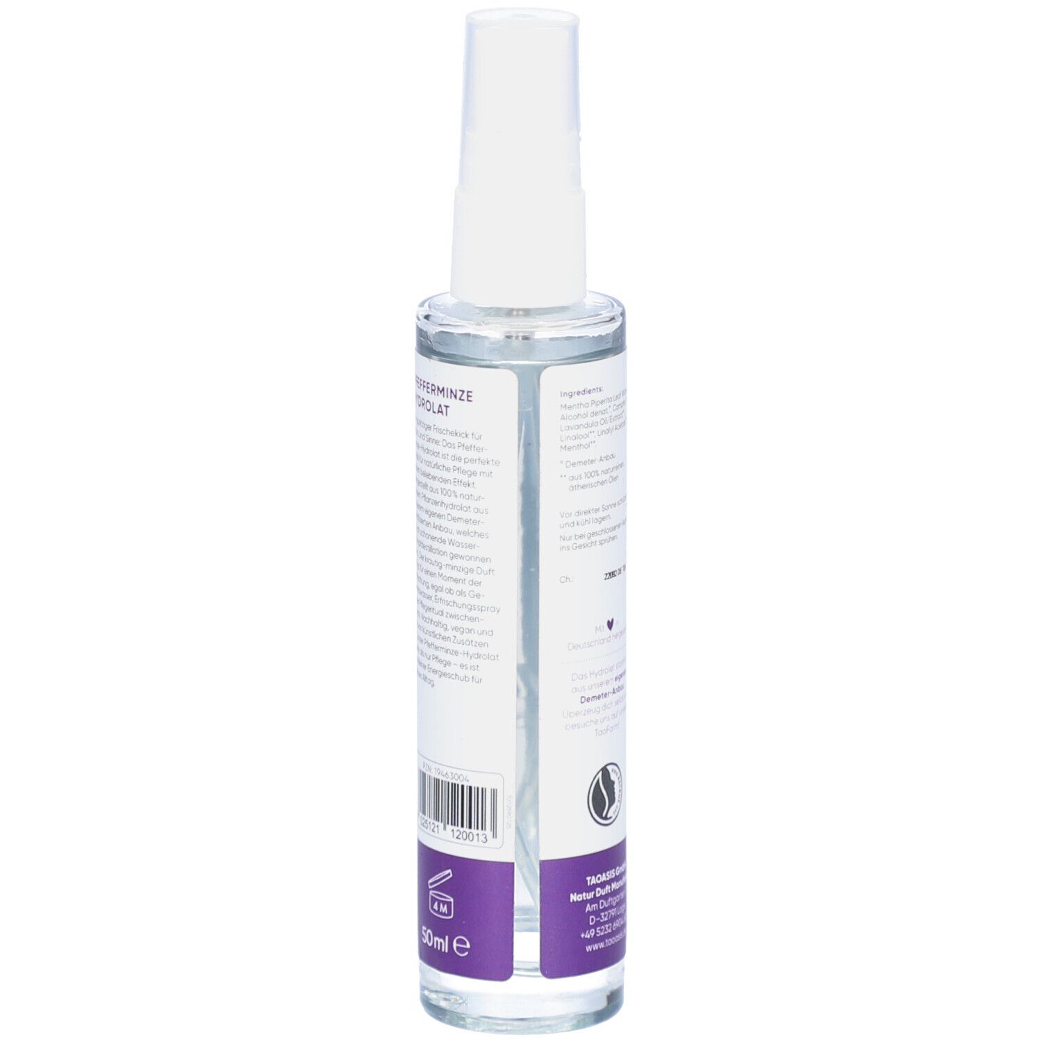 Vue latérale du flacon pulvérisateur. Étiquette avec texte et logo. Contient 50 ml. Certification Demeter et autres symboles.