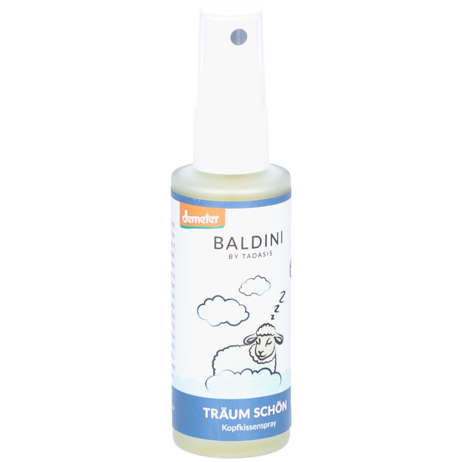 Flacon de spray pour oreiller avec tête de pulvérisation. Inscription : Baldini, Träum Schön. Motif : mouton endormi et nuages.