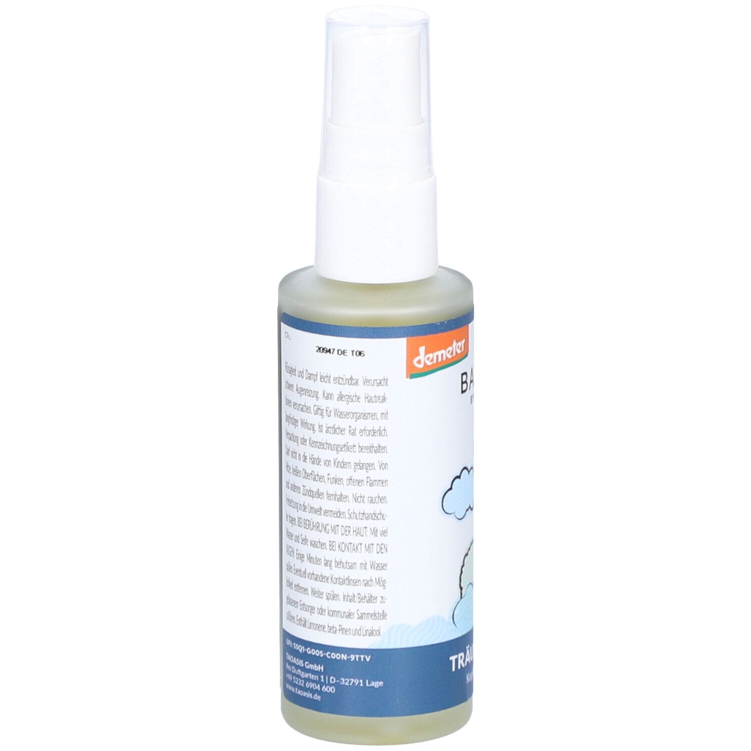 Flacon de spray pour oreiller. Dos avec texte, ingrédients et avertissements. Logo Demeter. Logo Baldini.