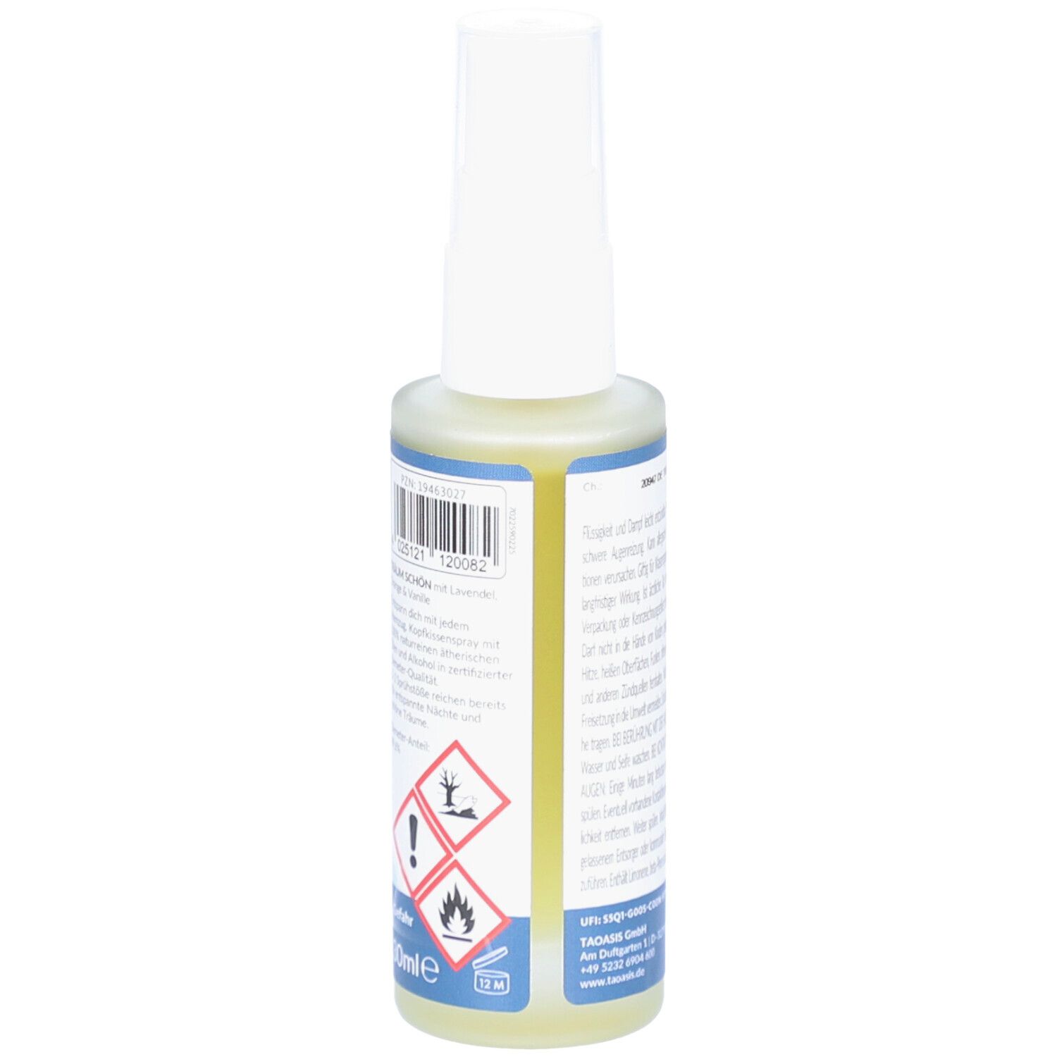 Flacon de spray pour oreiller. Dos avec texte, avertissements et symboles de danger. 30 ml.