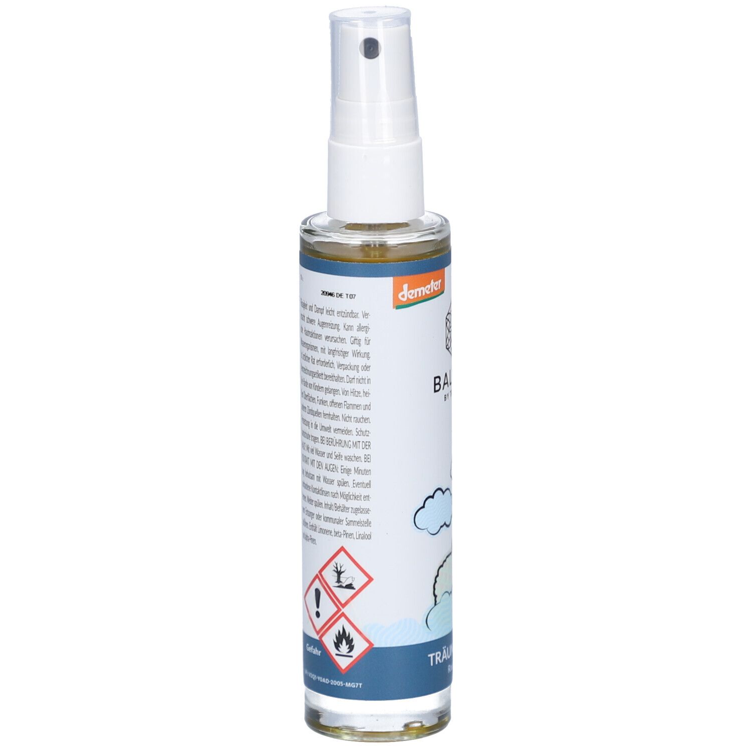 Flacon cylindrique avec vaporisateur. Dos avec texte et symboles de danger. Logo Demeter. Texte : TRÄUM SCHÖN Raumspray.