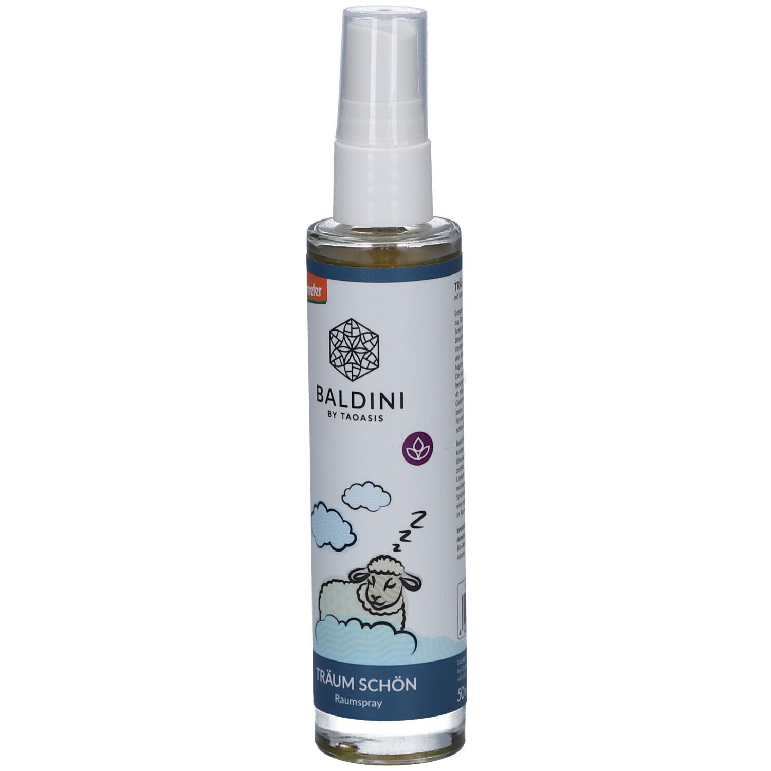 Flacon cylindrique avec vaporisateur. Inscription BALDINI, avec un mouton endormi et des nuages. Texte : TRÄUM SCHÖN Raumspray.
