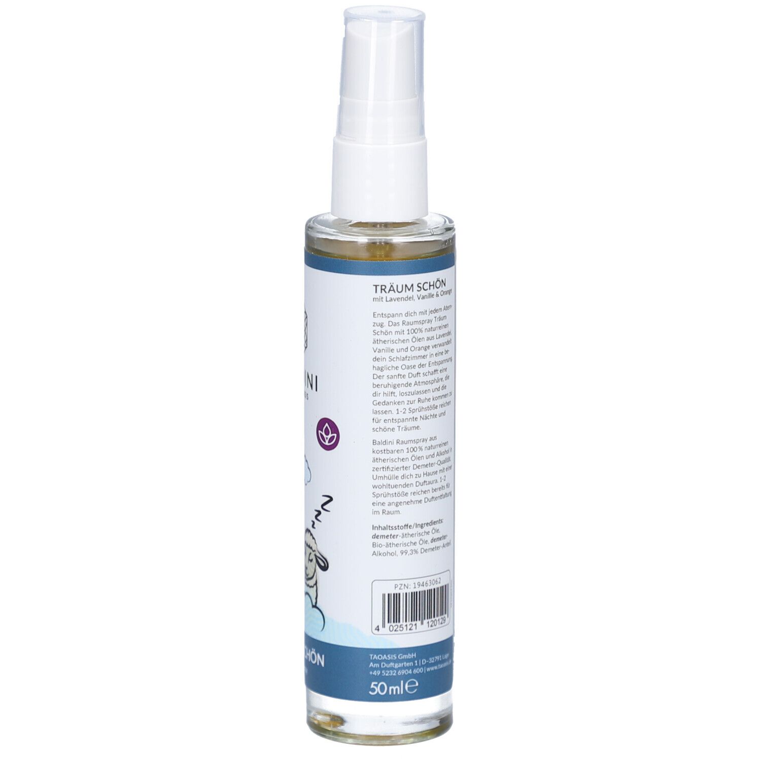 Flacon cylindrique avec vaporisateur. Dos avec texte et code-barres. Texte : TRÄUM SCHÖN Raumspray. Volume : 50ml.