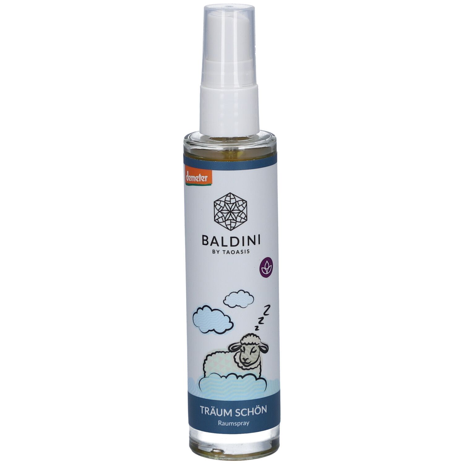 Flacon cylindrique avec vaporisateur. Inscription BALDINI, avec un mouton endormi et des nuages. Texte : TRÄUM SCHÖN Raumspray.