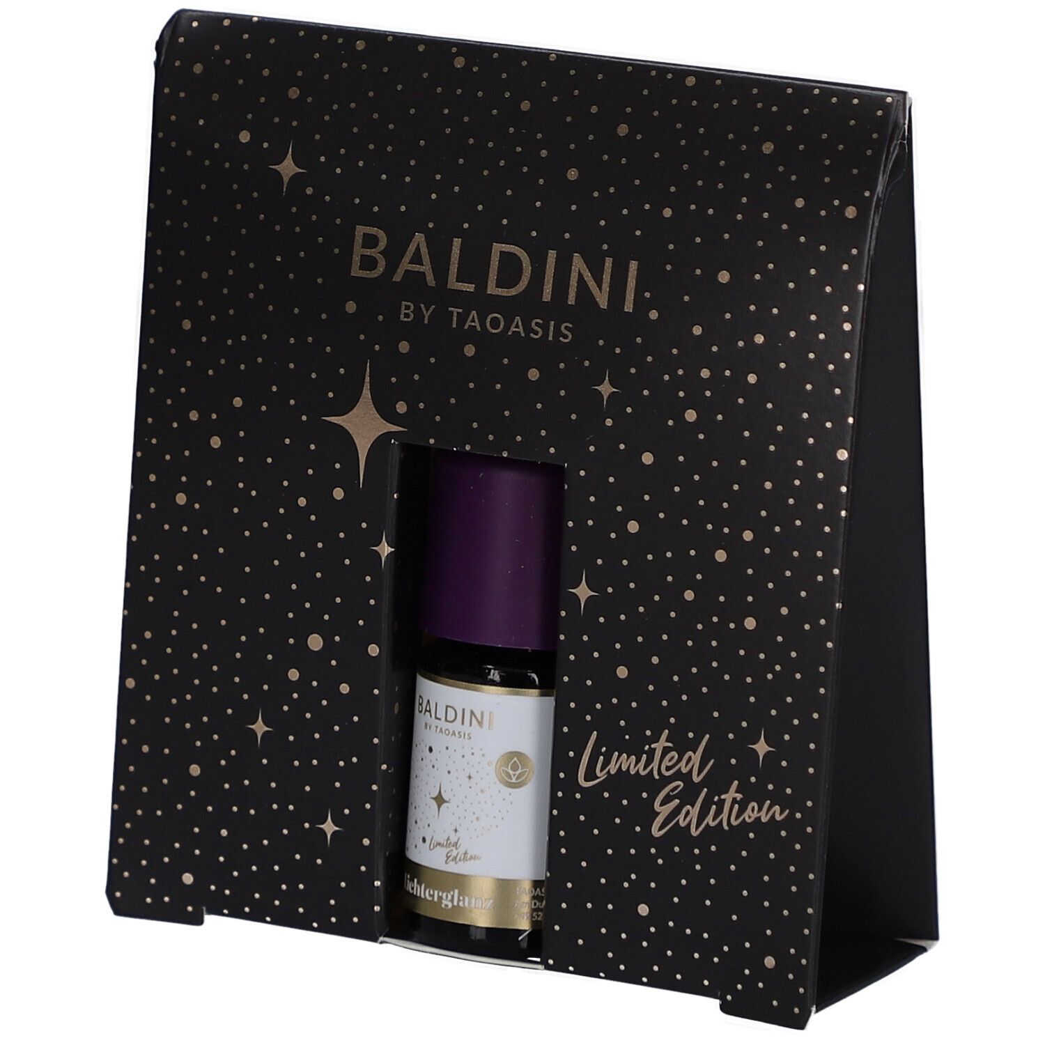 Coffret cadeau noir Baldini. Visible : flacon à bouchon violet. Inscription : Limited Edition.