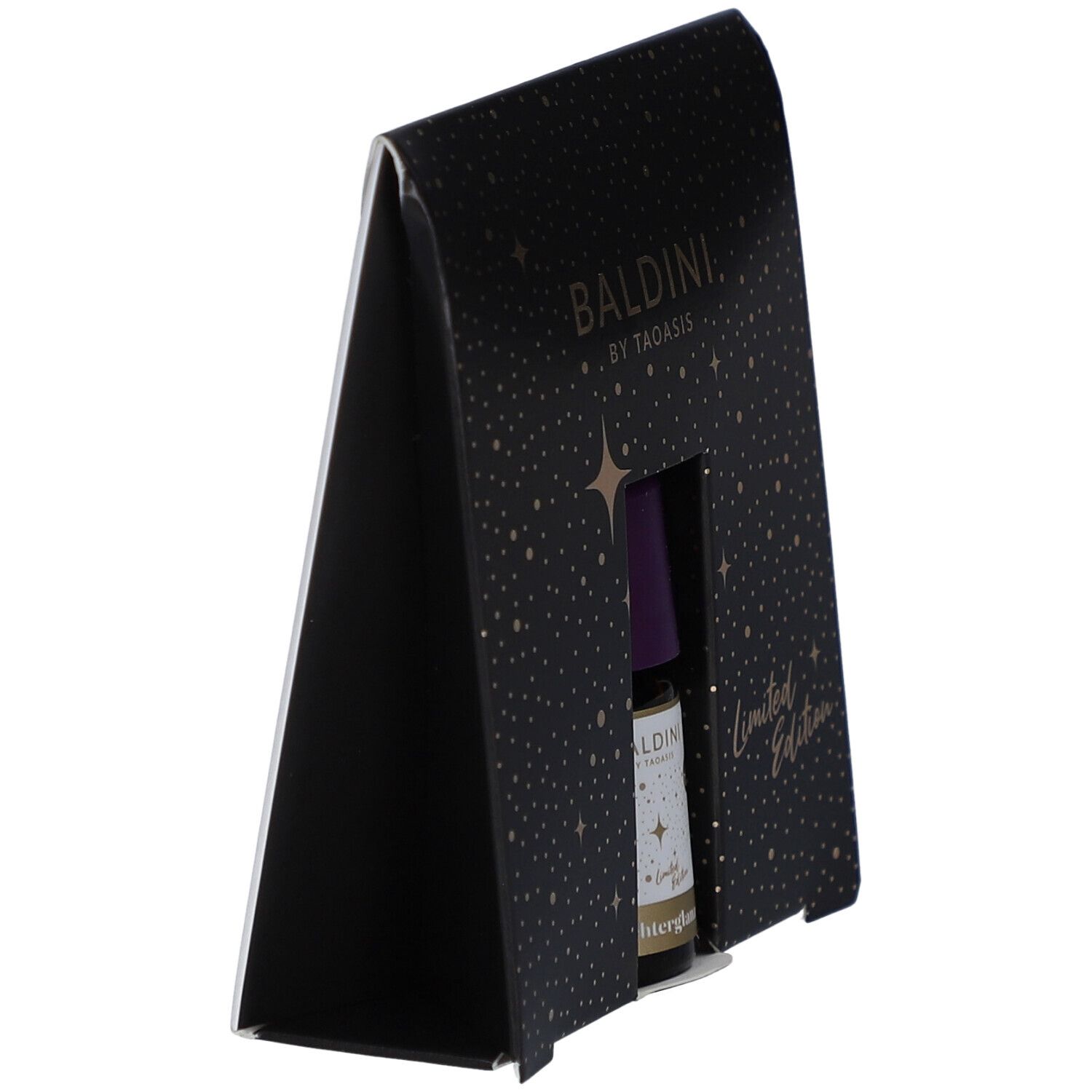 Coffret cadeau noir Baldini. Flacon à bouchon violet visible. Inscription : Limited Edition.