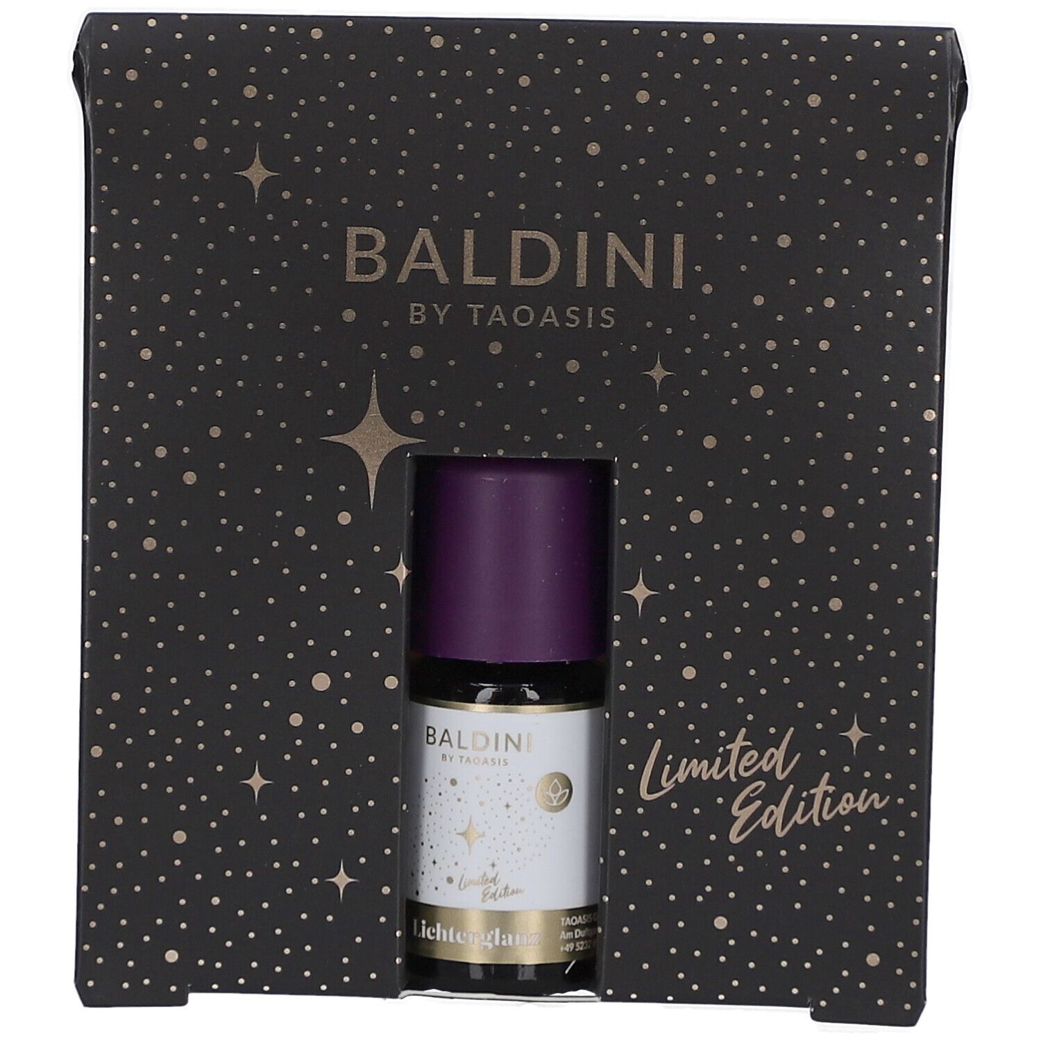 Coffret cadeau noir Baldini. Flacon à bouchon violet visible. Inscription : Limited Edition.