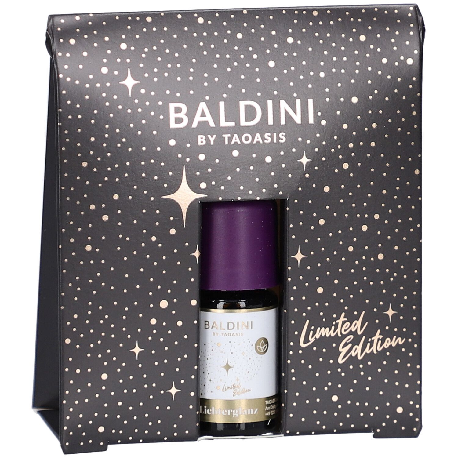 Coffret cadeau noir Baldini. Flacon à bouchon violet visible. Inscription : Limited Edition.