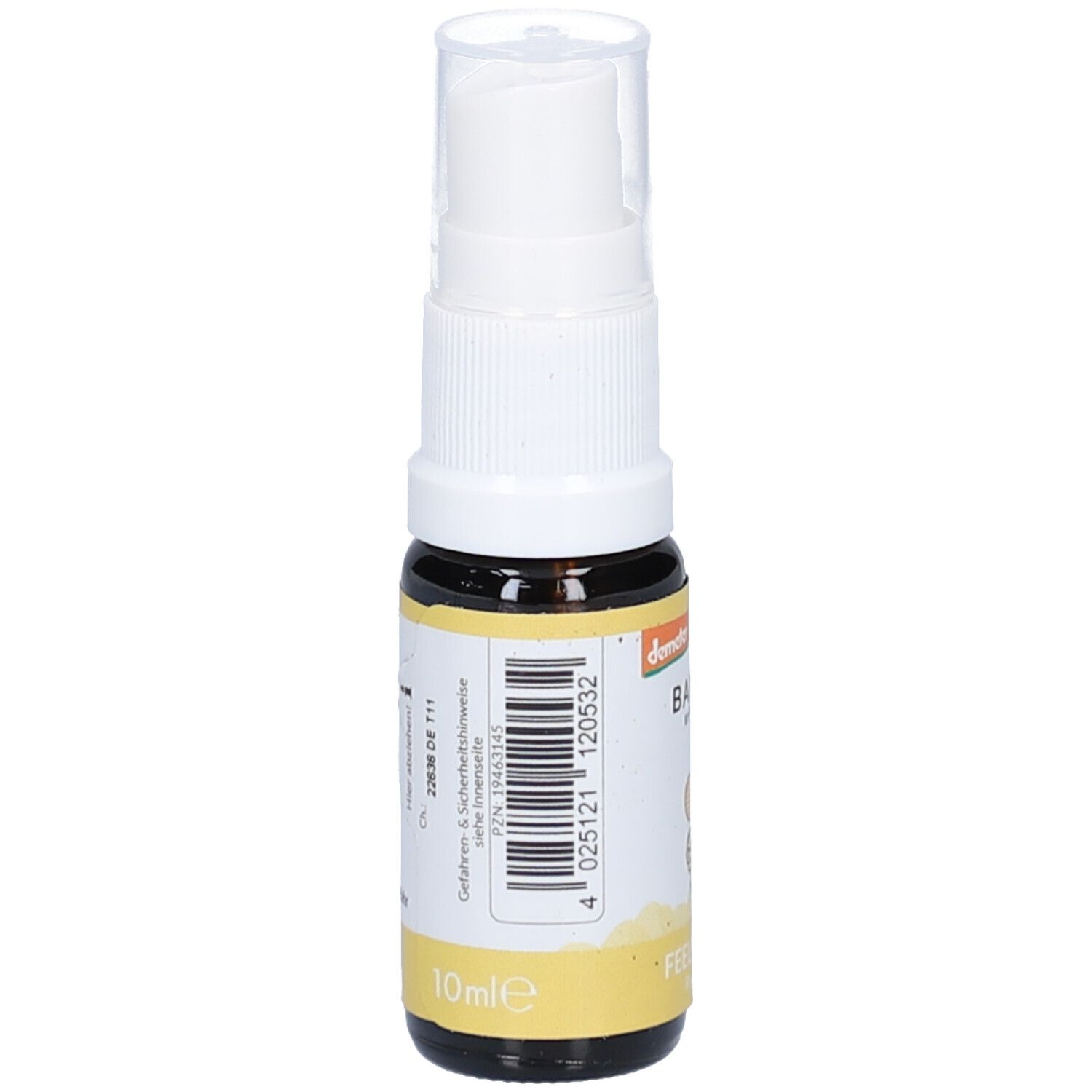 Flacon en verre brun avec vaporisateur blanc. Étiquette avec code-barres, informations produit et indication de volume : 10 ml.