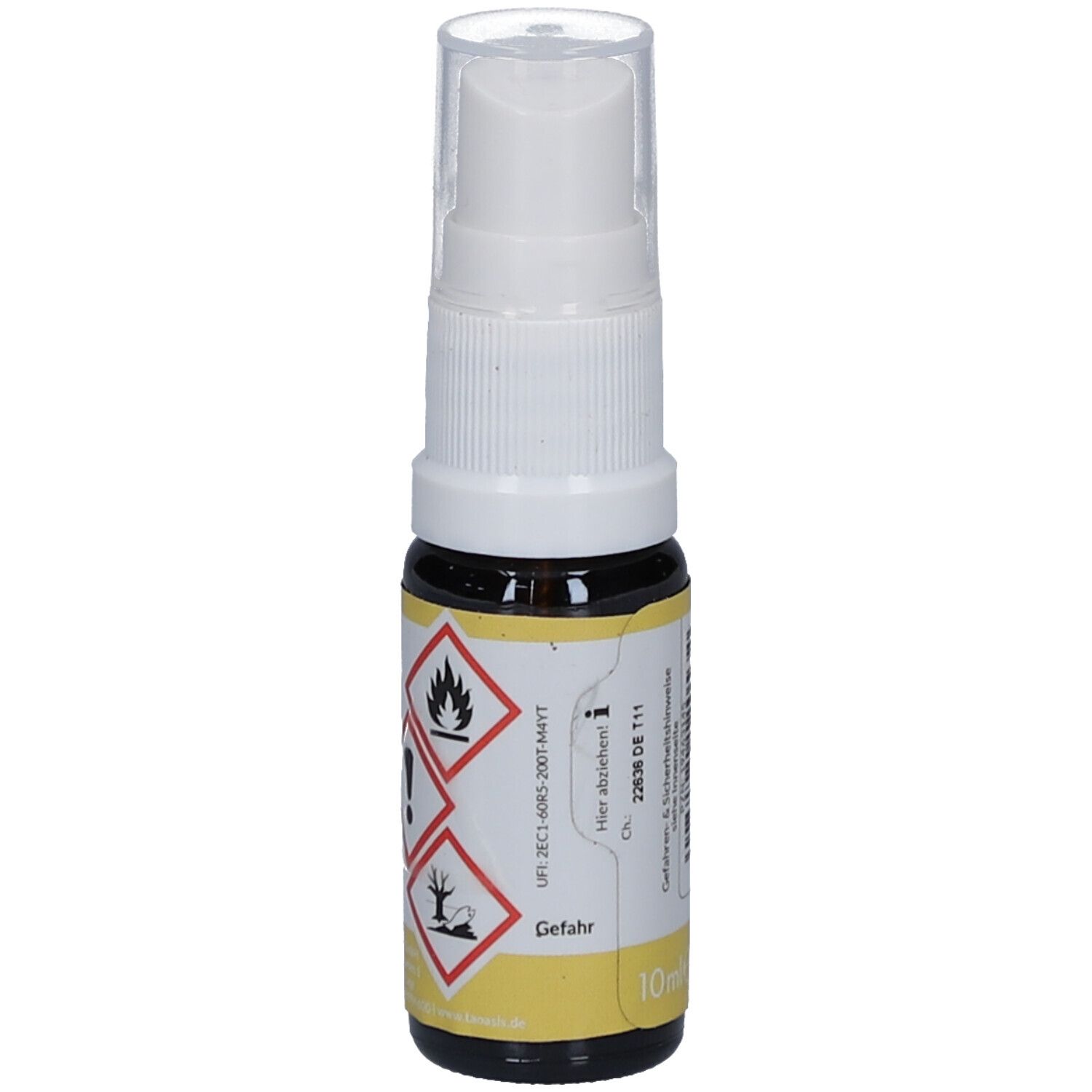 Flacon en verre brun avec vaporisateur blanc. Étiquette avec symboles de danger : flamme, point d'exclamation, arbre/poisson mort.