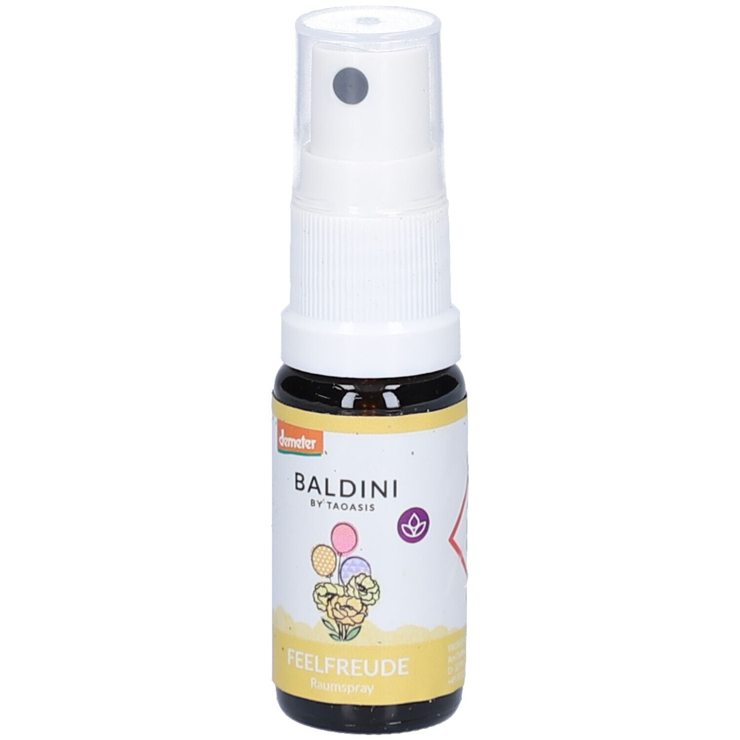 Flacon en verre brun avec vaporisateur blanc. Étiquette avec nom du produit, logo et motif floral. Certification Demeter.